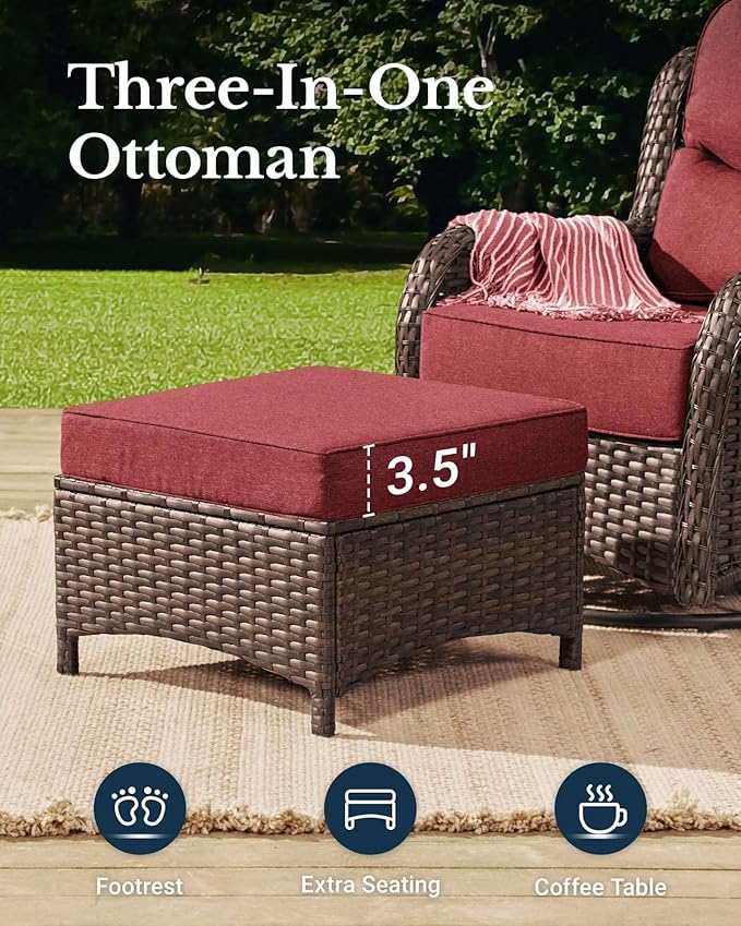 HILLGA Luxury Patio Furniture Set with 6-Inch Thick Cushions, High Back Outdoor Swivel Rocker Chairs and Ottoman, 5-Piece All Weather Conversation Set for Porch Deck Balcony Yard, Burgundy (V3)