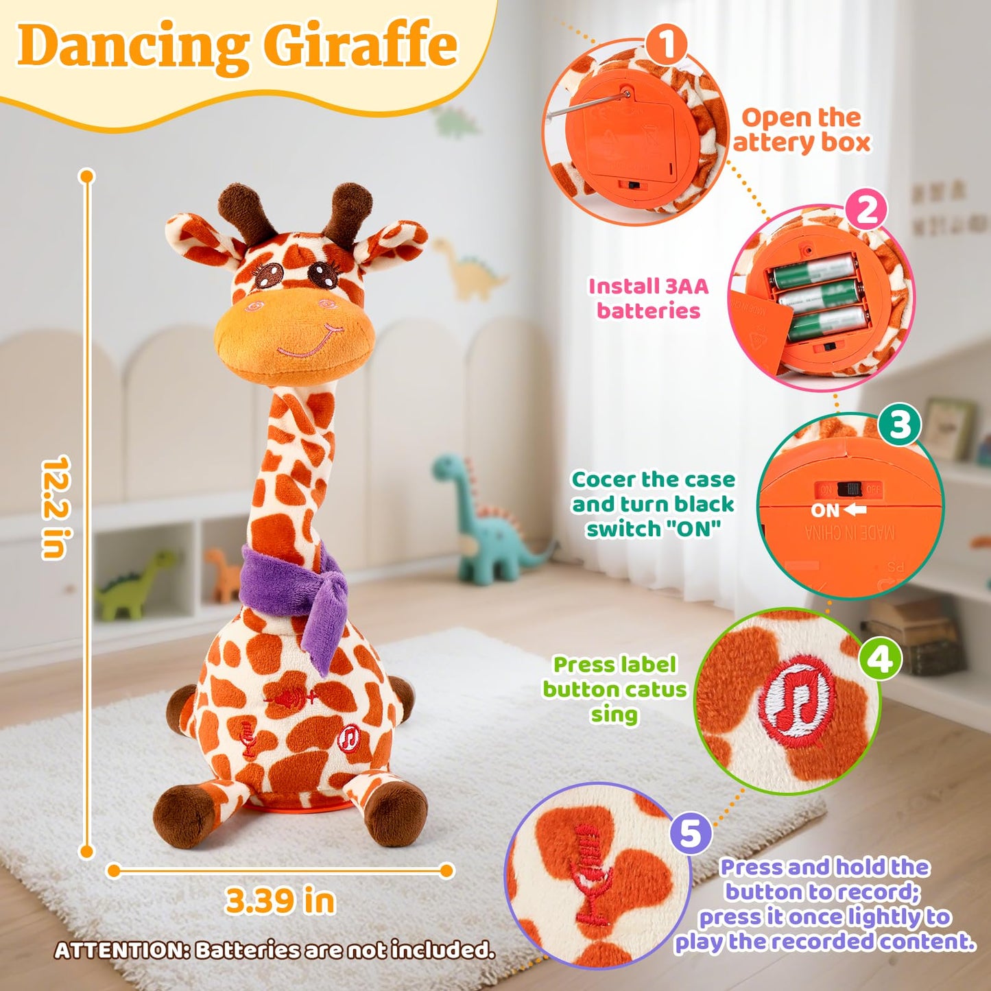 Dancing Talking Giraffe Baby Toy, Giraffe Stuffed Animal Interactive Toy, Repeating What You Say, Singing 10 Children's Song, Glow & Melody Giraffe Plush Toy for Toddlers 1-3 Years Old (Spotted deer)