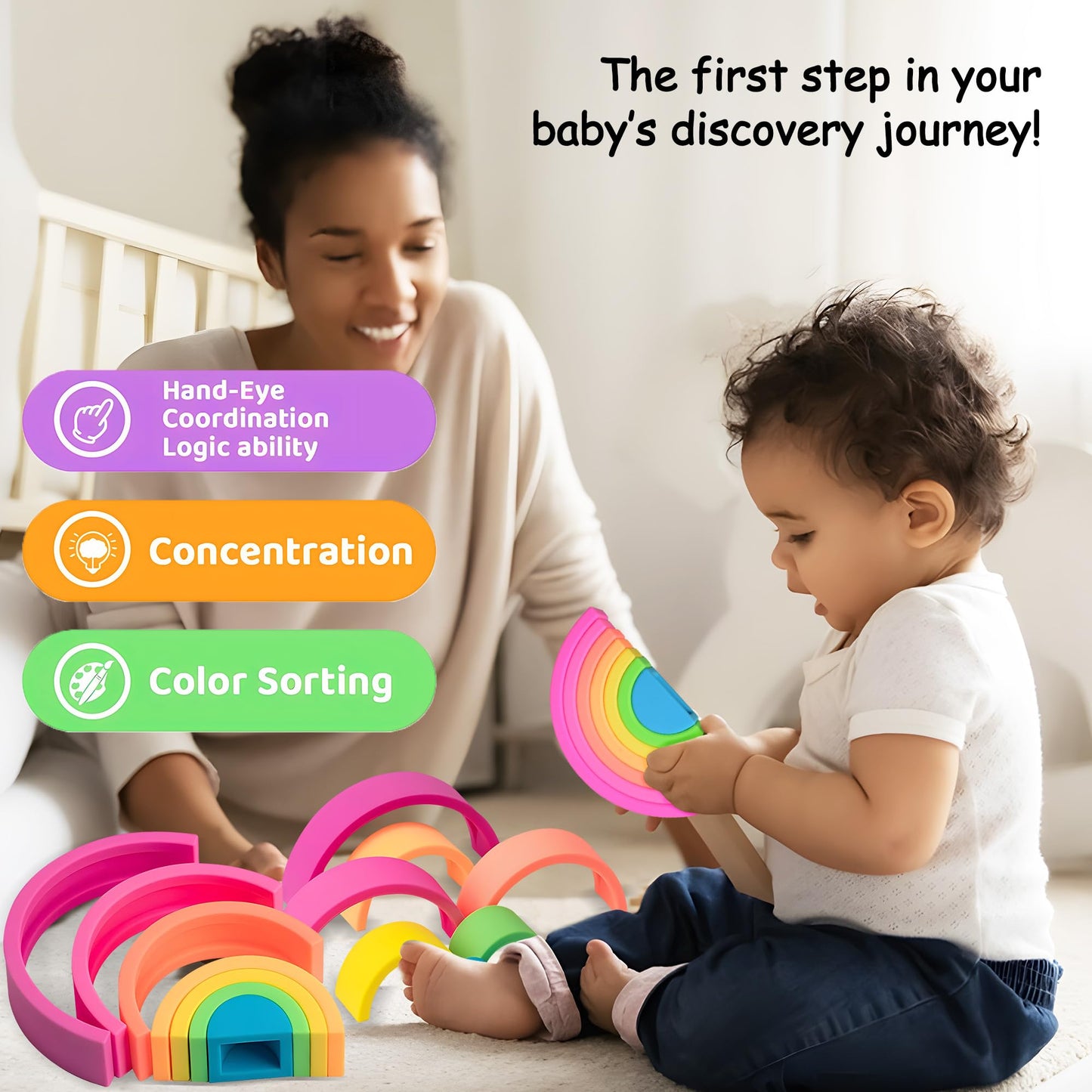 ROHSCE Silicone Rainbow Stacker 7PCS + Montessori Ball Drop Toy, Soft Nesting Blocks Sensory Stacking Toys, 2-in-1 Educational Set for Creative Play & Learning, Babies & Toddlers