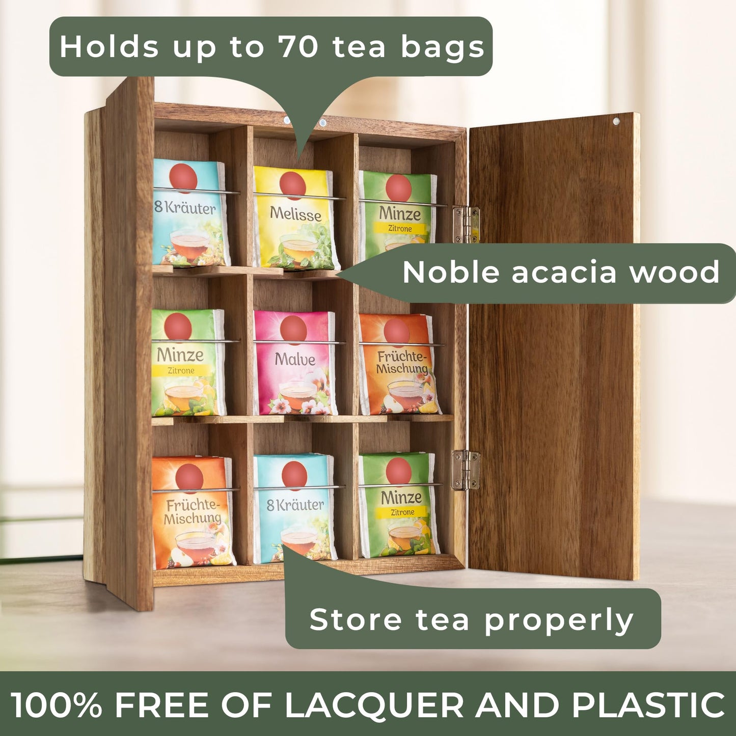 WALDWERK Tea Storage Organizer (9 Compartments) - Tea Organizer Made of Solid Acacia Wood - Tea Box with Wall Mounting Option - Tea Organizer and Storage - Tea Bag Holder - Plastic Free Tea Holder
