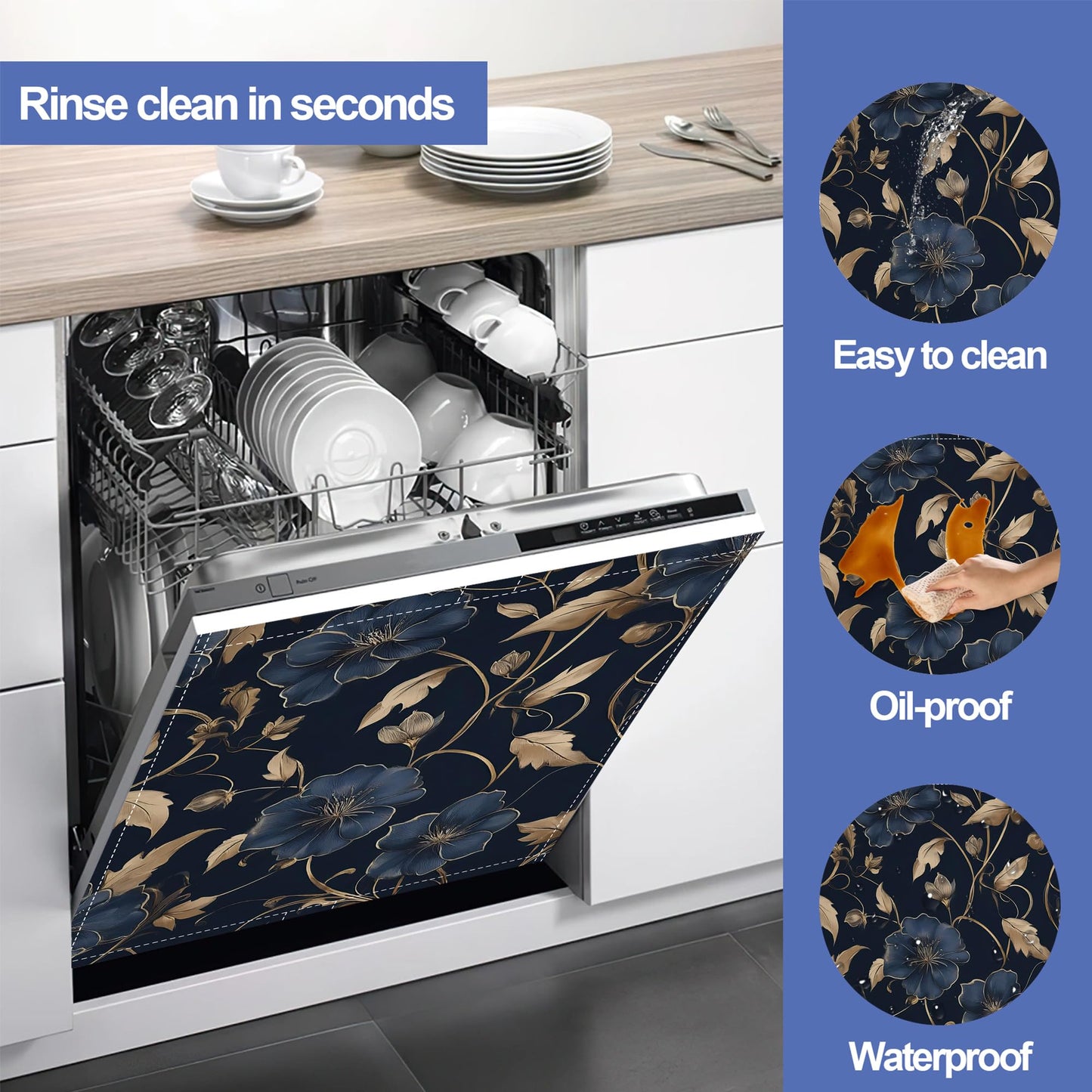 Black Flowers Dishwasher Magnet Cover,Front Dishwasher Cover Decoration Reusable Decorative Magnetic Cover for Home Kitcen Appliance 23x26 Inch