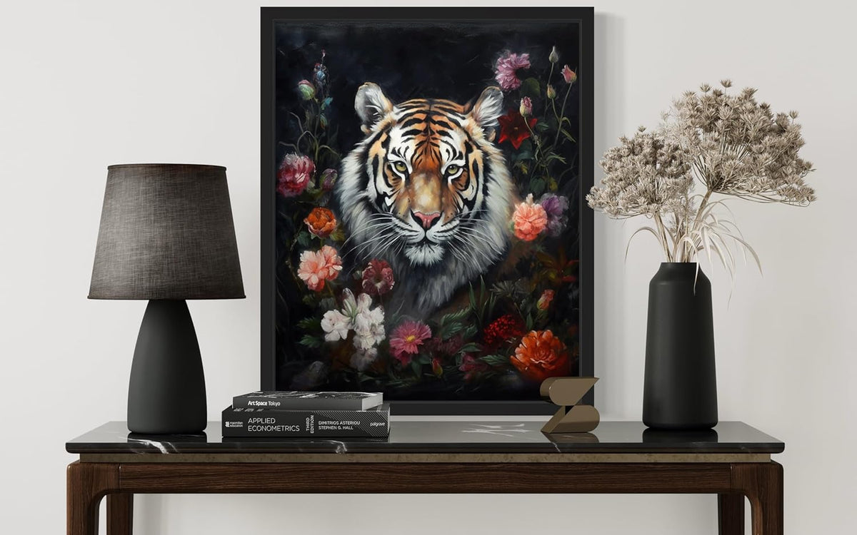 Tiger and Flower Poster Art Print, Halloween Scary Vintage Wall Art Academia Spooky Painting Decoration for Horror Prints, Gothic Posters Bedroom Decor 89 (Tiger and Flower, 16 x 20 inches, Unframed)