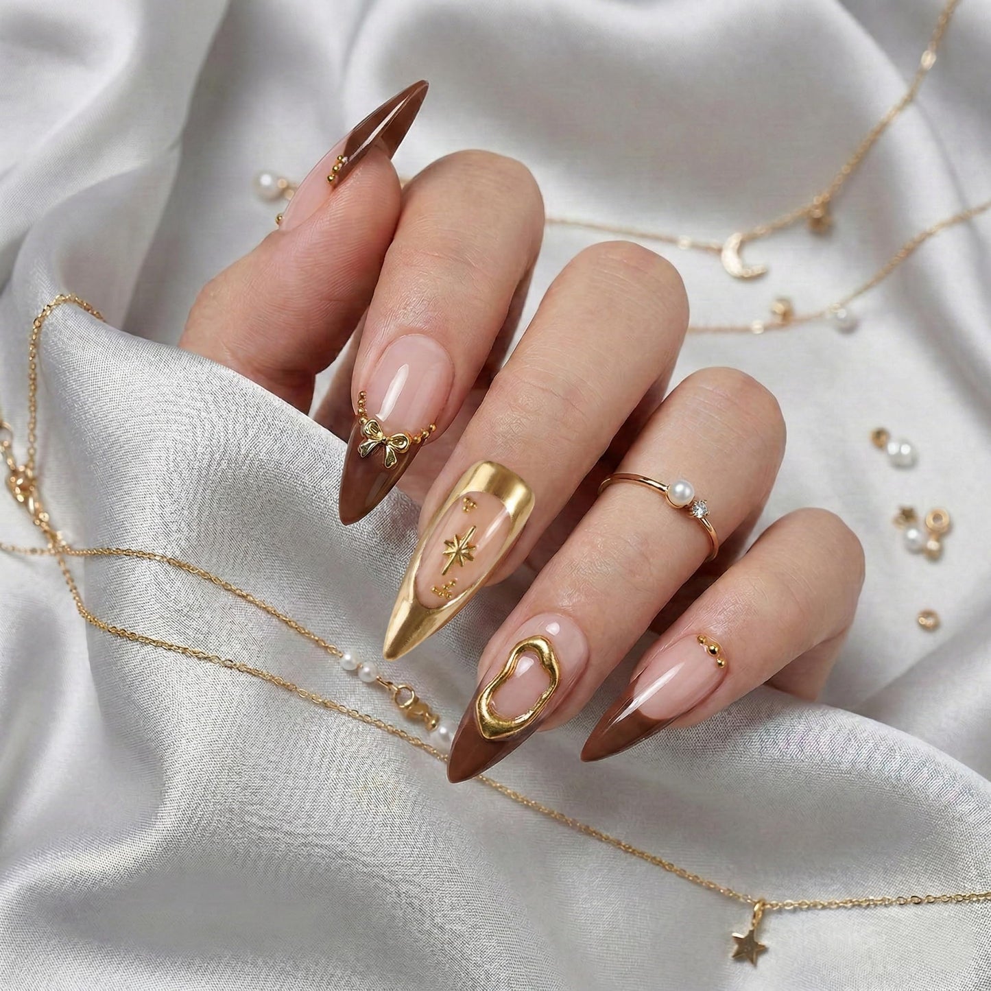 Long Press on Nails Almond Fake Nails Brown Acrylic Nail Press ons SEENEEY Long Stiletto Gold Charm Stick on Nail for Women 24pcs