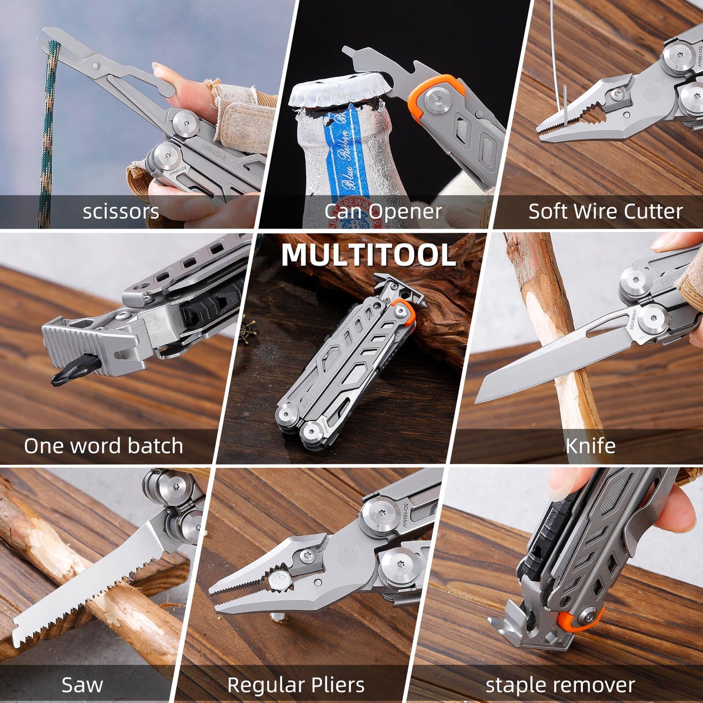 HANSHI Multitool Pliers, 22-in-1 YG10 Tungsten Steel Multi Tool with Scissors,Replaceable Wire Cutters, Flint, Window Breaker, Back Clip,Ideal for Camping, Survival and Gift(Silver)