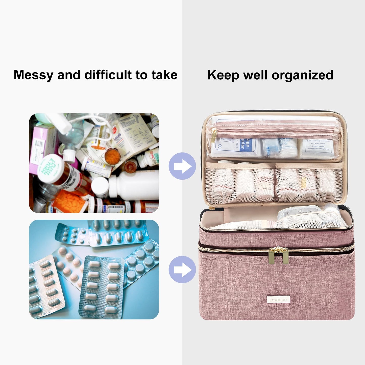 Lexeeco Medicine Storage Bag Pill Bottle Organizer with Portable Small Pouch Travel Medication Bottle Organizer for Emergency Home First Aid Box Kit (Pink)