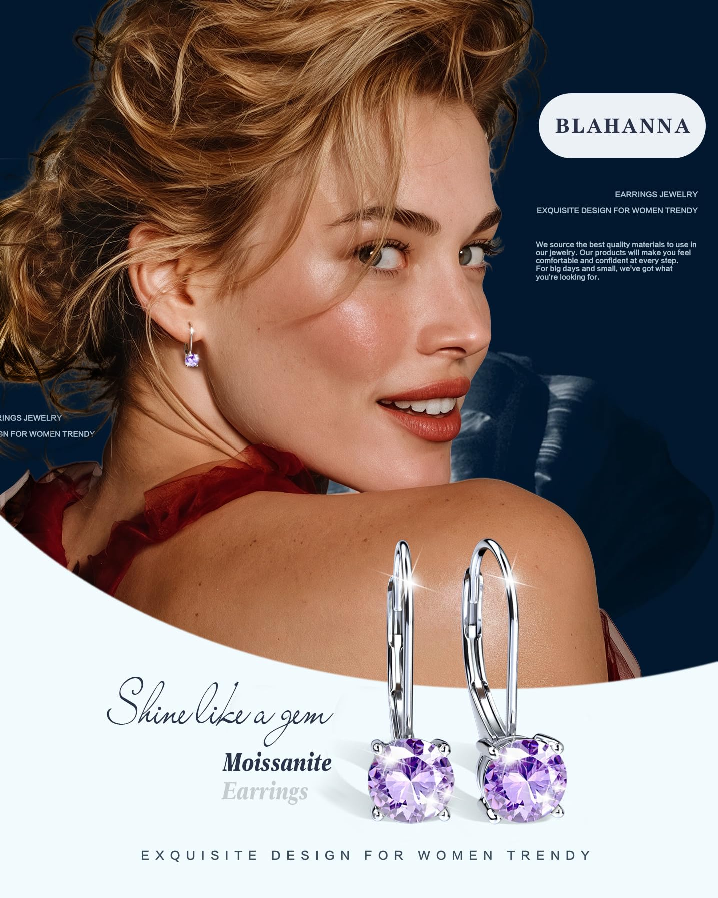 Blahanna Moissanite Earrings,1.0ct-2.0ct D Color Brilliant Round Cut Earrings S925 Sterling Silver Dangle Earrings Moissanite Leverback Drop Earring