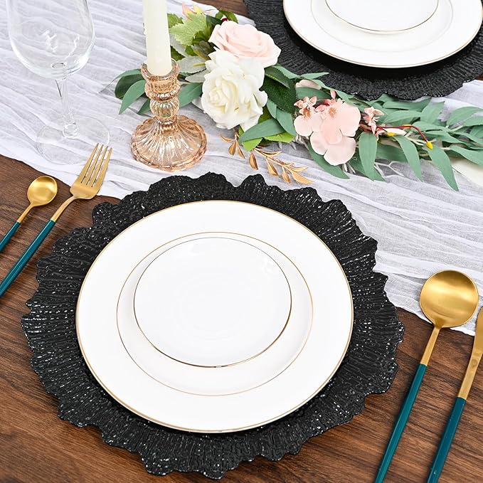 Pesonlook 100Pcs Black Charger Plates Round 13inch, Reef Plate Chargers for Dinner, Bulk Plastic Floral Table Charger Plates for Dinner Wedding Party Event Table Setting Decoration(Black)