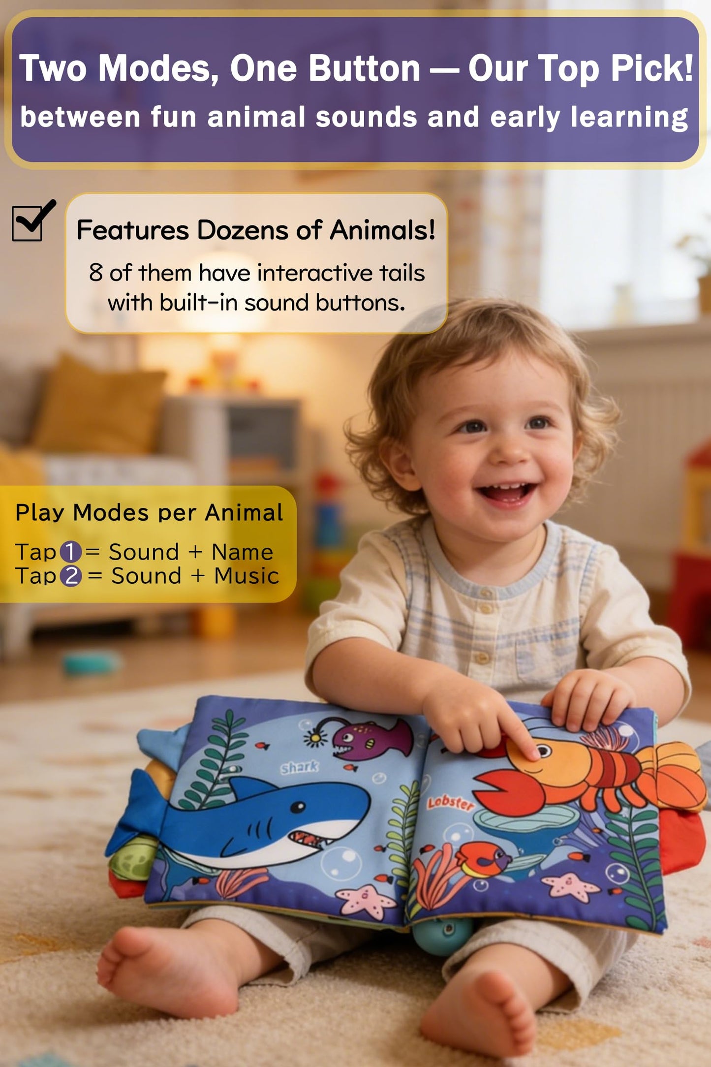 GauJat Cloth Books for Babies 0-6-12 Months, Interactive Soft Sensory Toy with Lights, Sounds & Music, Bite-Proof Educational for Newborns, Infants & Toddlers 0-3 Years (Ocean Animals)