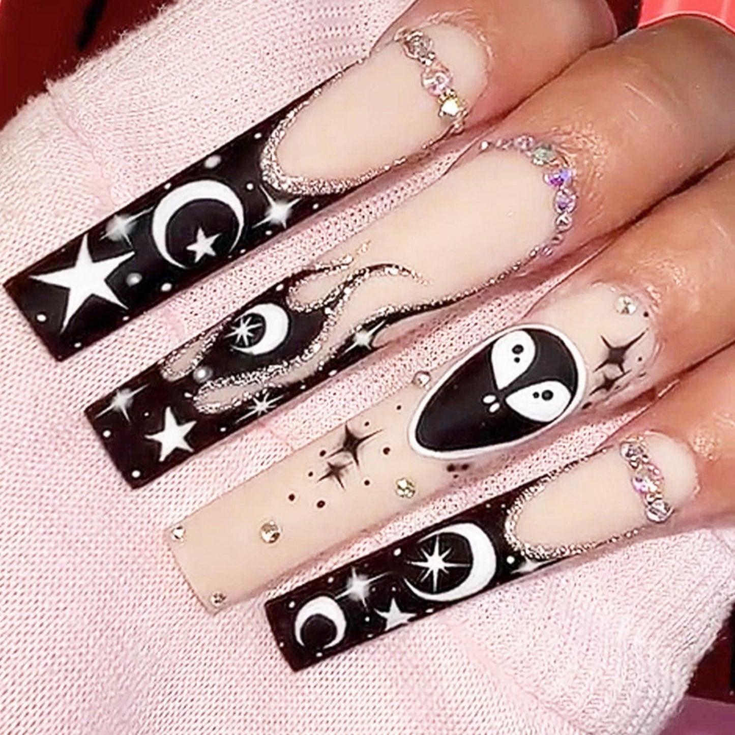 Halloween Press on Nails Extra Long Square Black French Stick on Nail 24pcs
