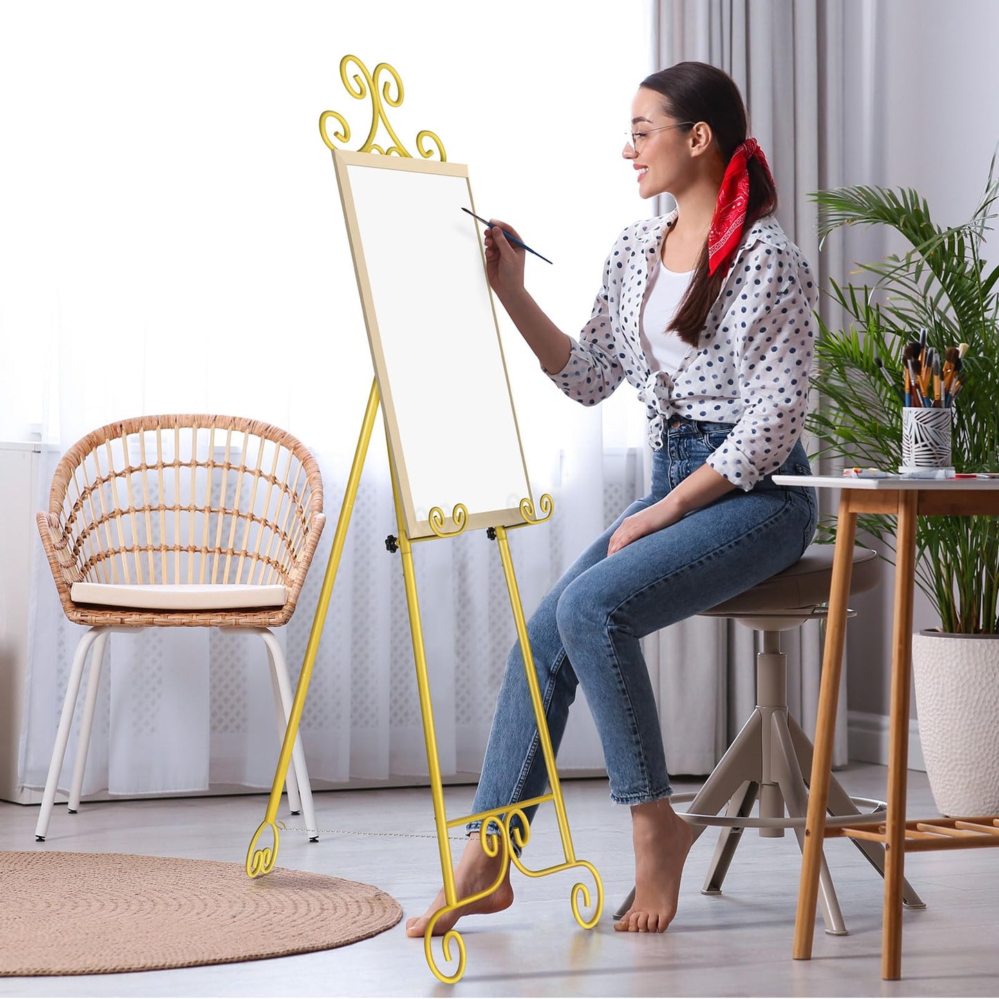 Skcoipsra 59IN Gold Easel Stand for Sign, 3 Tier Adjustable Larger Wedding Welcome Sign Holder, Art Poster Display Stand Free Standing with Chain