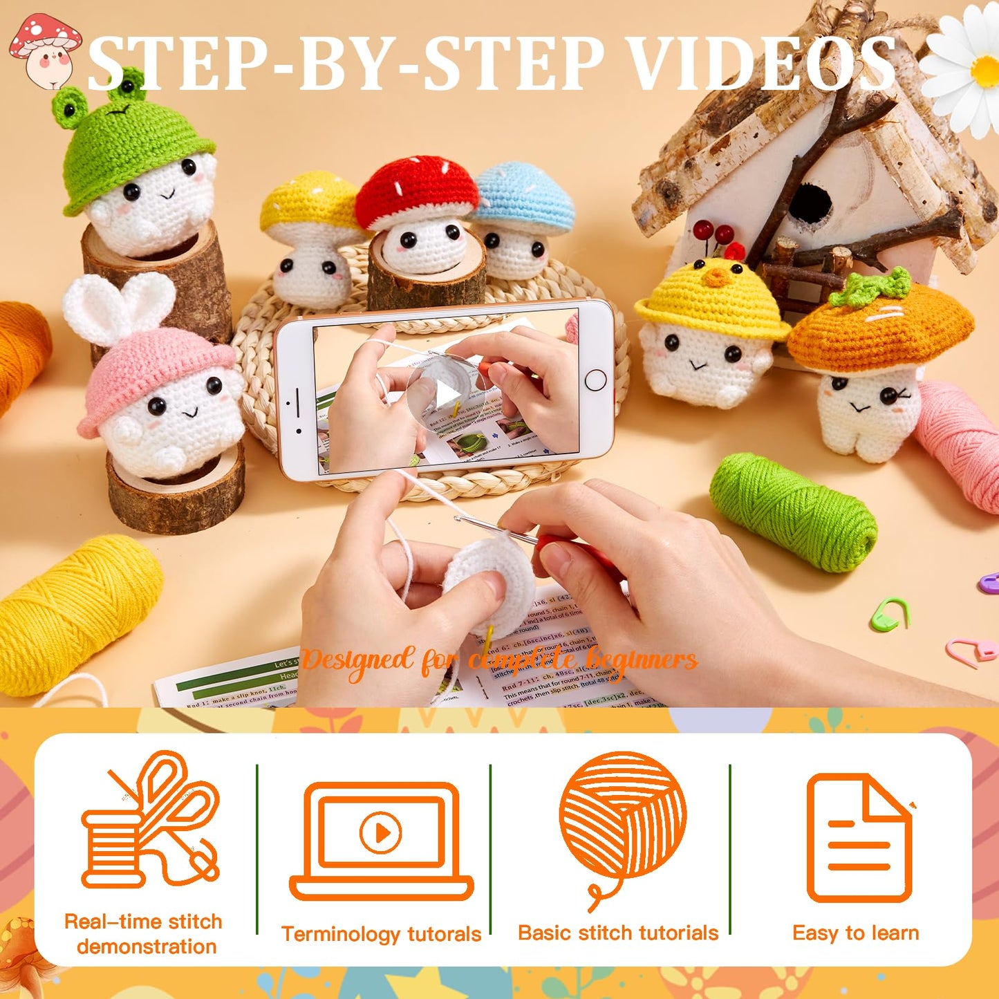 MAGIMUSE Crochet Kit for Beginners, Crochet Starter Kits for Adults Amigurumi Craft Knitting Crocheting Kits with Step-by-Step Video Tutorials, Mushroom Family(40%+ Yarn