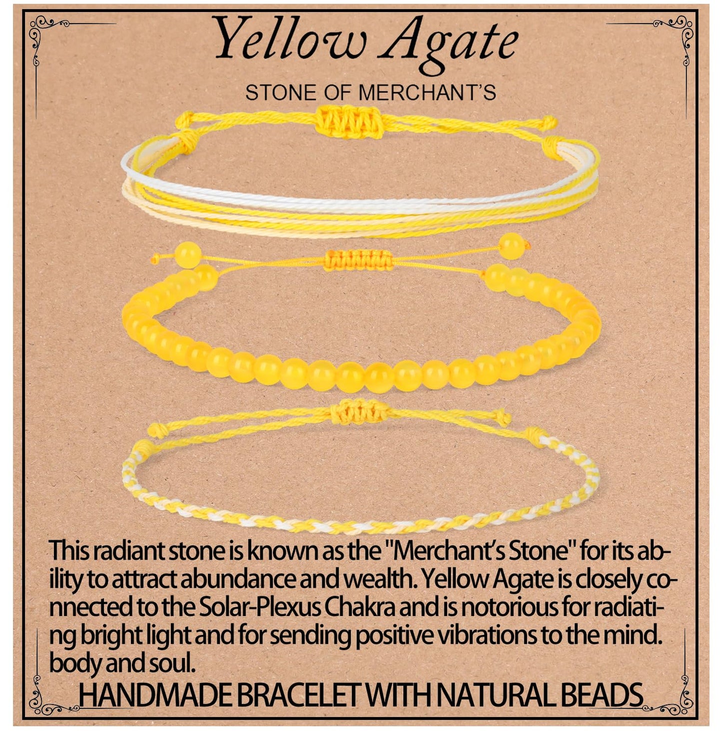 QOGIR Handmade Healing Bracelets,4mm Natural Yellow Agate Gem Stone Beads Bracelet for Men Women Gifts with 2PCS Size Adjustable Rope Bracelets