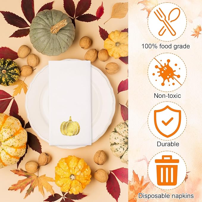 Janlaugh 100 Pcs Gold Thanksgiving Linen Disposable Bathroom Hand Towels Pumpkin Maple Leaves Foil Stamped Guest Napkins 12"x17" Paper Towels for Bathroom Home Lunch Dinner Kitchen(Pumpkin)