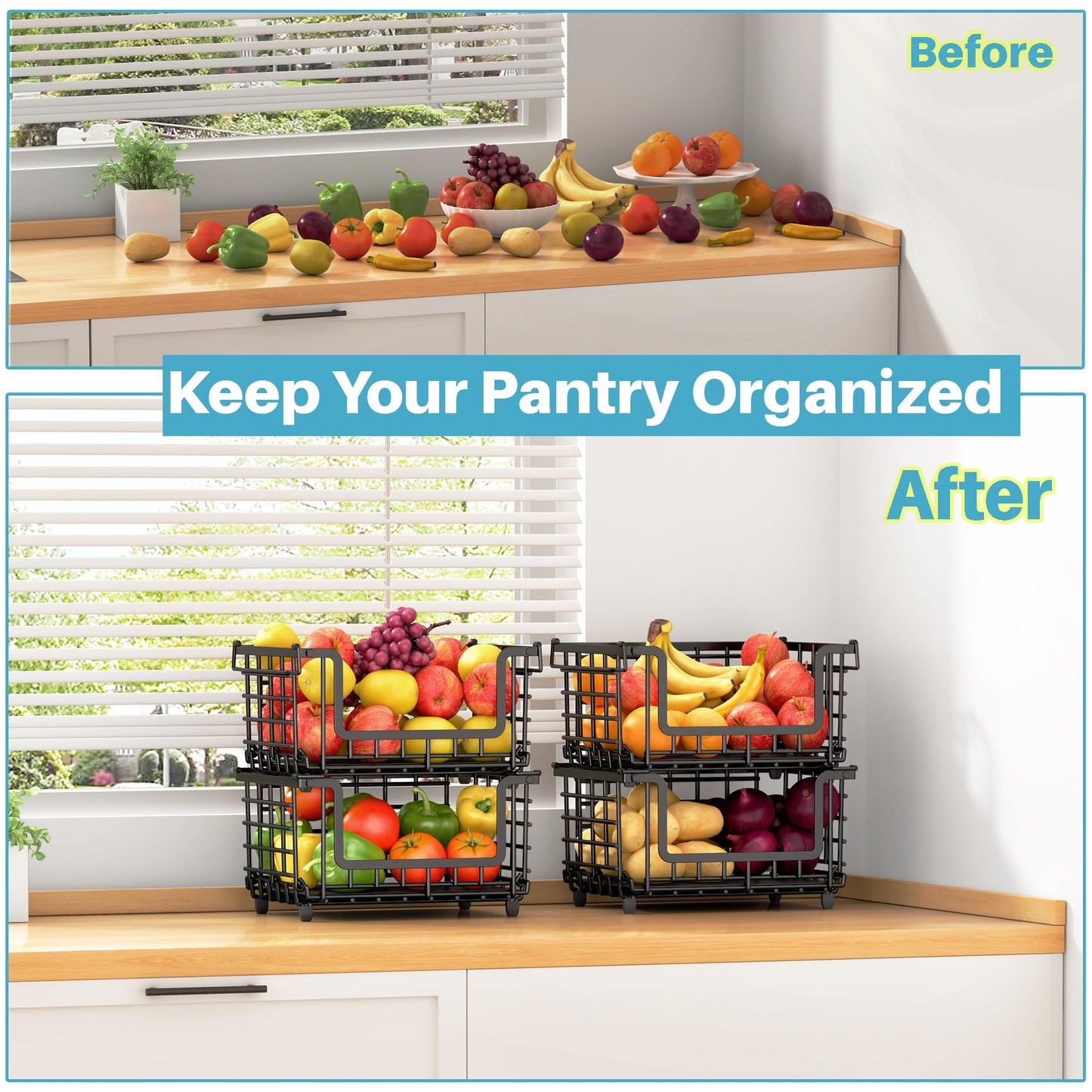 2 Pack Stackable Metal Wire Vegetable Fruit Basket for Kitchen Counter Cabinet, Pantry Organizers and Storage Basket, Food Can Snack Onion Potato Bread Storage Shelf Freezer Organizer Bins Containers