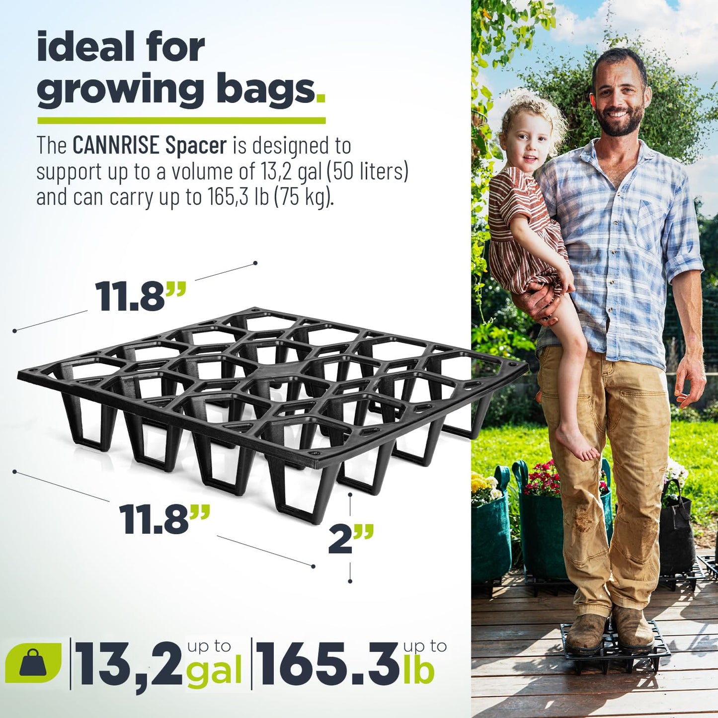 Cannrise Plant Riser – Modular Pot Spacer for Grow Bags, Planters & Containers – UV-Resistant Drainage Tray for Airflow, Root Health & Cleaner Surfaces (Standard Black, 7 Pack)