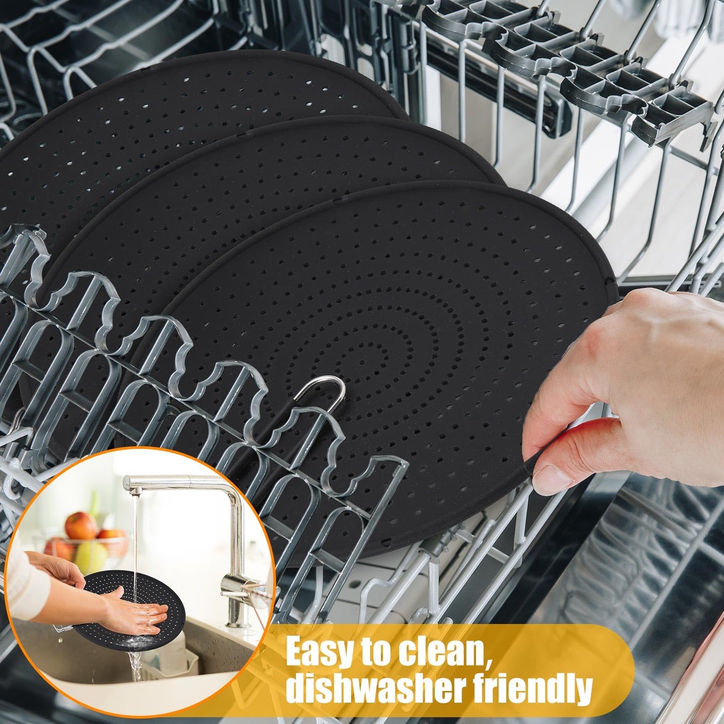 Tioncy 3 Pcs Silicone Splatter Screen for Frying Pan Grease Oil Splatter Collapsible Splash Guard Heat Resistant Multi Use for Baking and Cooking(Black)