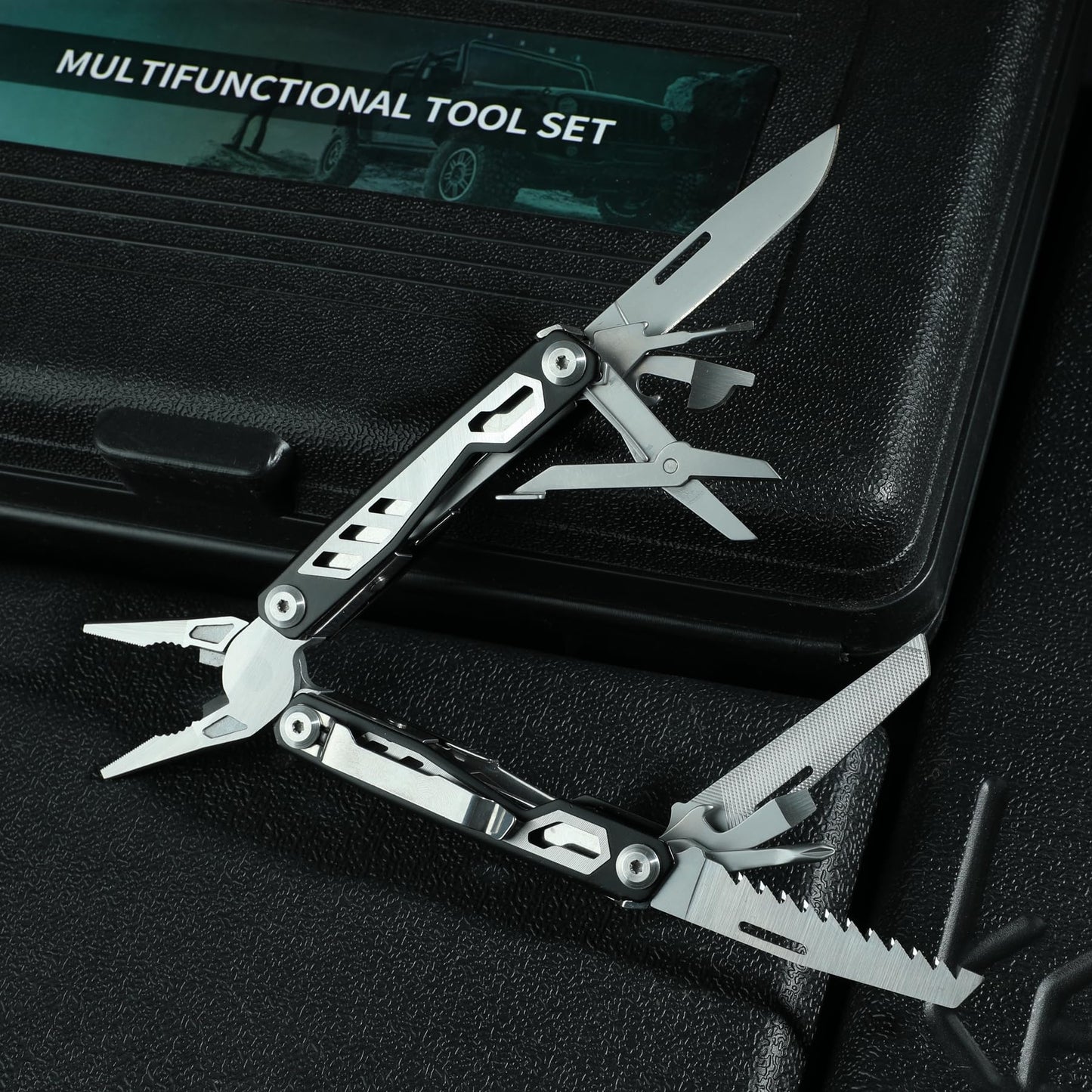 16-in-1 Compact Multitool, Full-Size, Multi Tool for DIY, High-Grip Black Handle - EDC/Hiking/Garden Essential/Outdoors