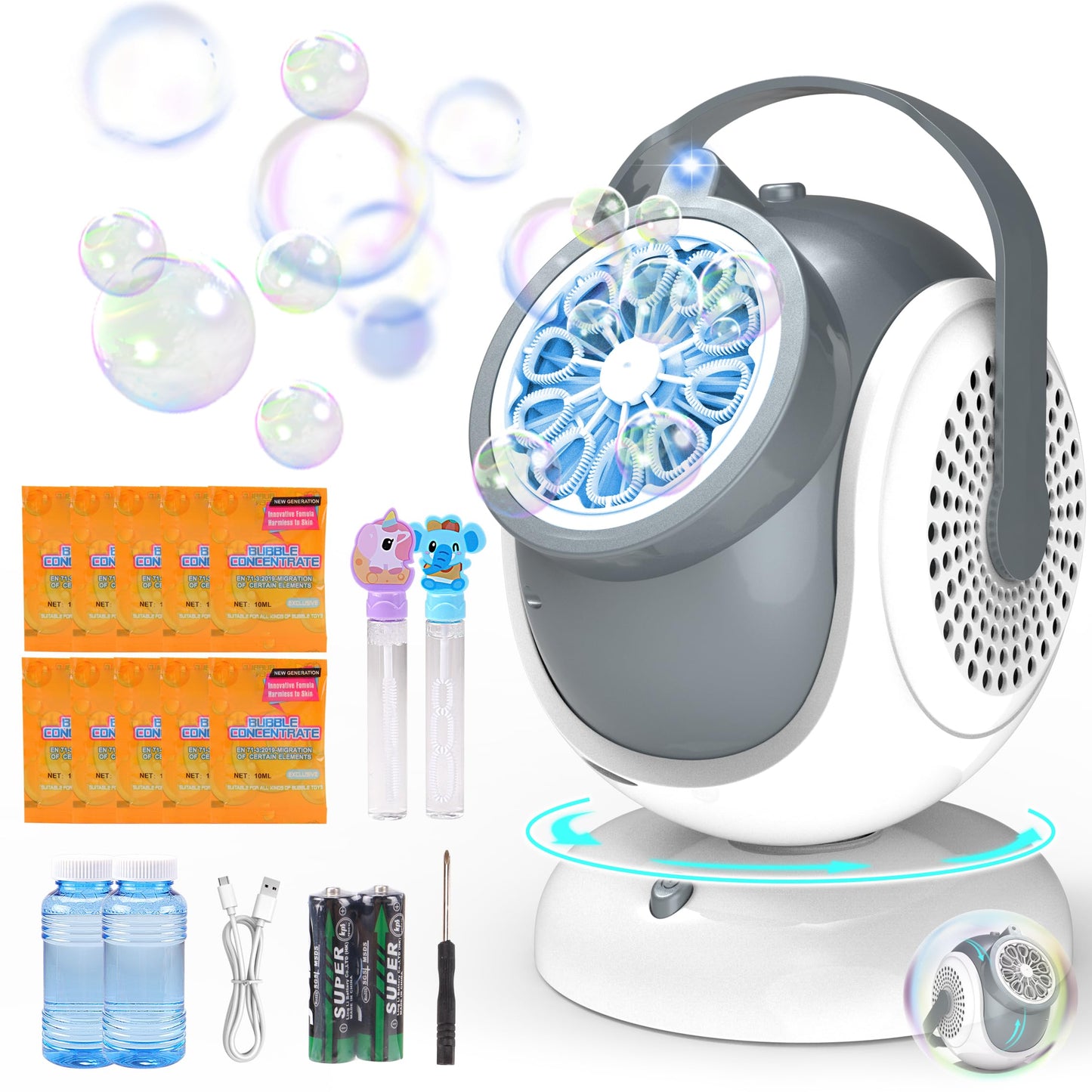 Big Bubble Machine - Automatic Bubbles Blower for Kids, Toddlers - 360° Oscillation & 75° Adjustment, Bubble Toys with LED Light - Gifts for Boys, Girls, Easter, Outdoor, Birthday, Party Use