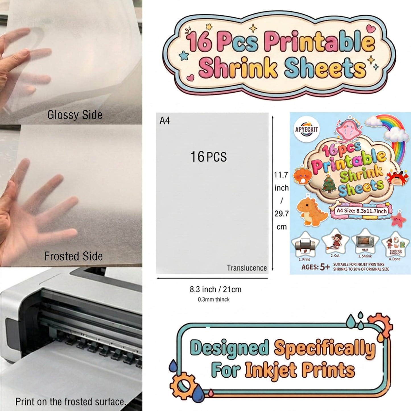 APYECKIT 16Pcs Printable Shrinky Dink Sheets,A4 Printable Shrink Paper for Inkjet Printer, Shrink Dink Sheets for DIY Art Keychain Making Kits for Mother's Day, Father's Day Gifts