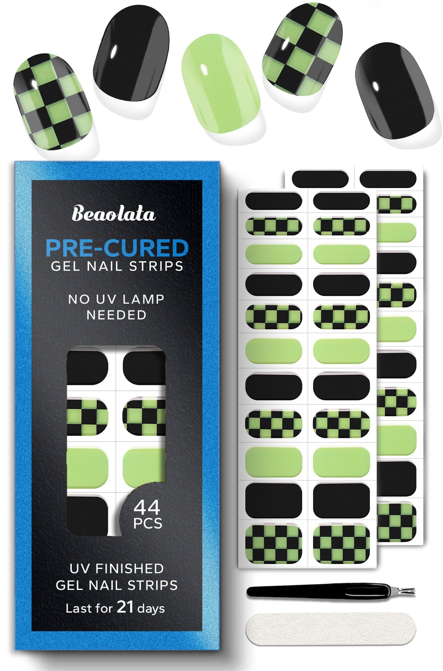 Beaolata Real Gel Nail Strips (No UV Light Needed) - 44Pcs Salon Quality Nail Stickers - Long Lasting Polish Wraps for Women, Easy Apply & Remove (Teal Tartan Green)