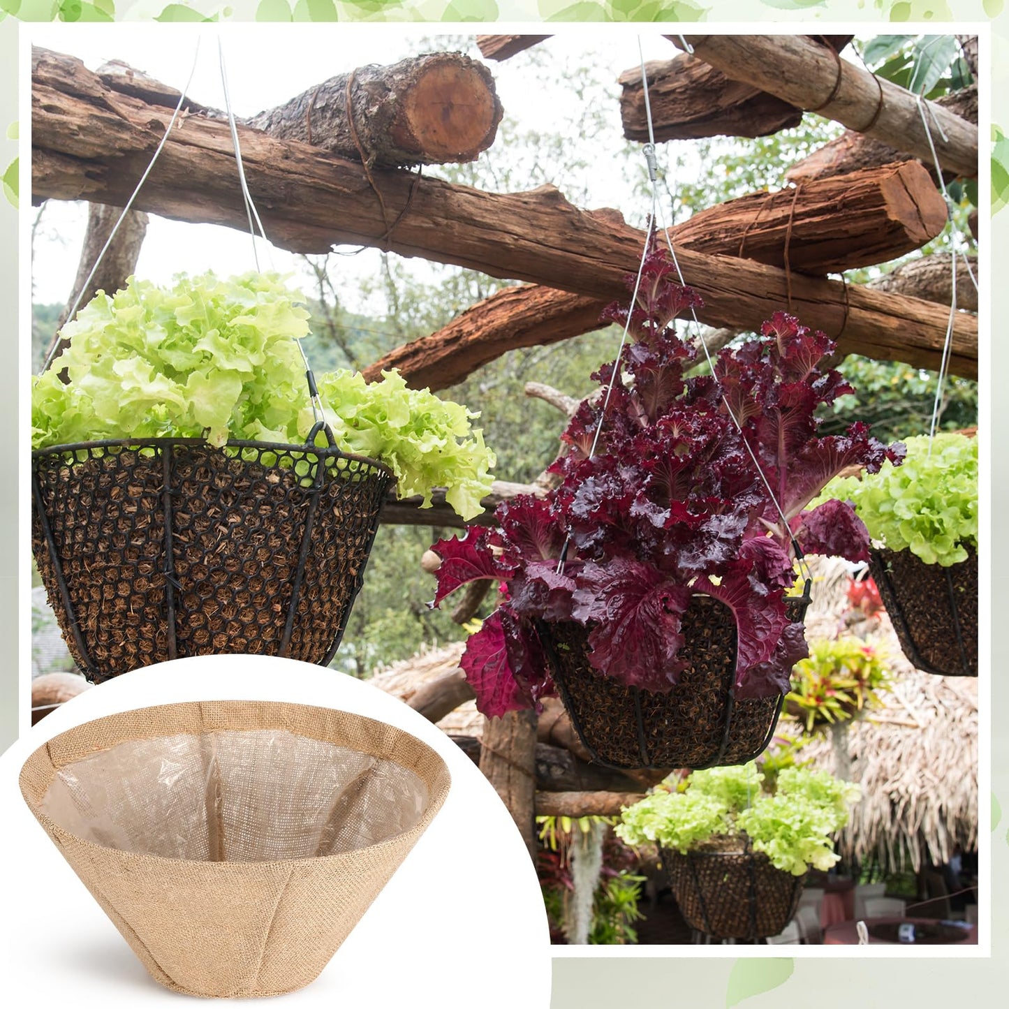 Novabright 4 Pack Round Burlap Liners with Drainage Hole and Plastic Interior Liner 14 Inch Rustic Burlap Planter Liner for 14" Diameter Hanging Baskets