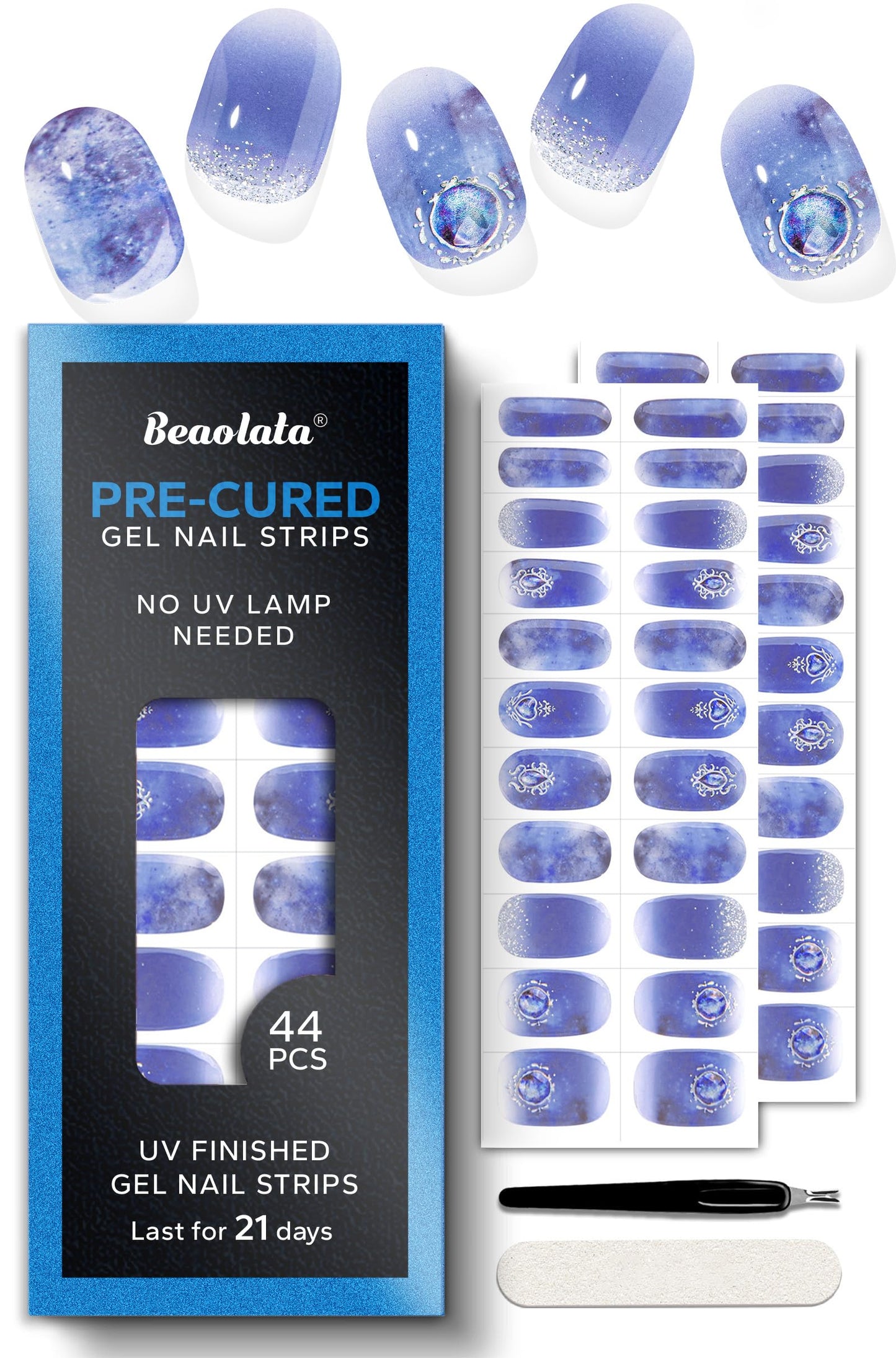 Beaolata Real Gel Nail Strips (No UV Light Needed) - 44Pcs Salon Quality Nail Stickers - Long Lasting Polish Wraps for Women, Easy Apply & Remove (Crystal Blue