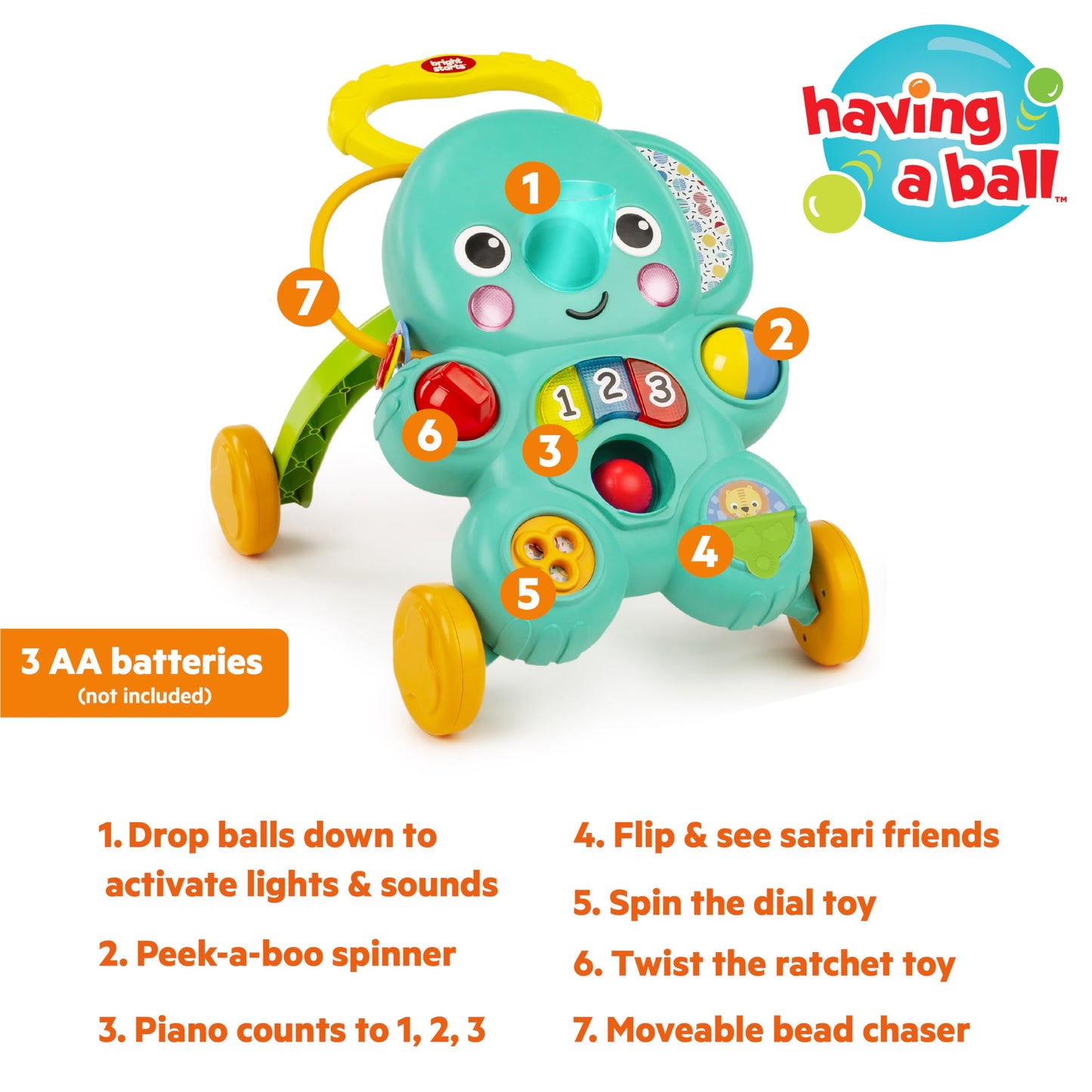 Bright Starts Stroll 'n Roll 2-in-1-Ball Push Walker – Includes 3 Toy Balls, Elephant with 70+ Songs & Sounds, 7 Activities - Ball Drop, Piano, Spinner, Flip Book & More