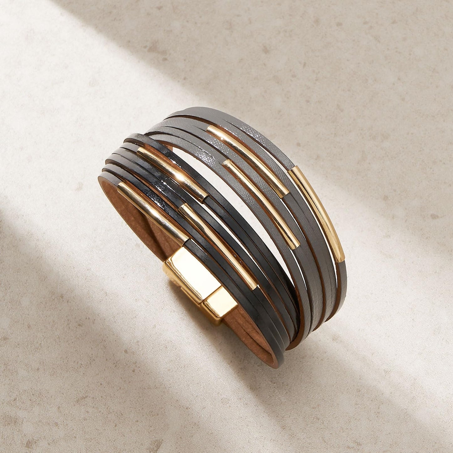 QIUTIMIY Leather Bracelets for Women Trendy Boho Cuff Bracelet Layered Bangle with Clasp Hand Wrist Jewelry Western(Style 3-Black Gray)
