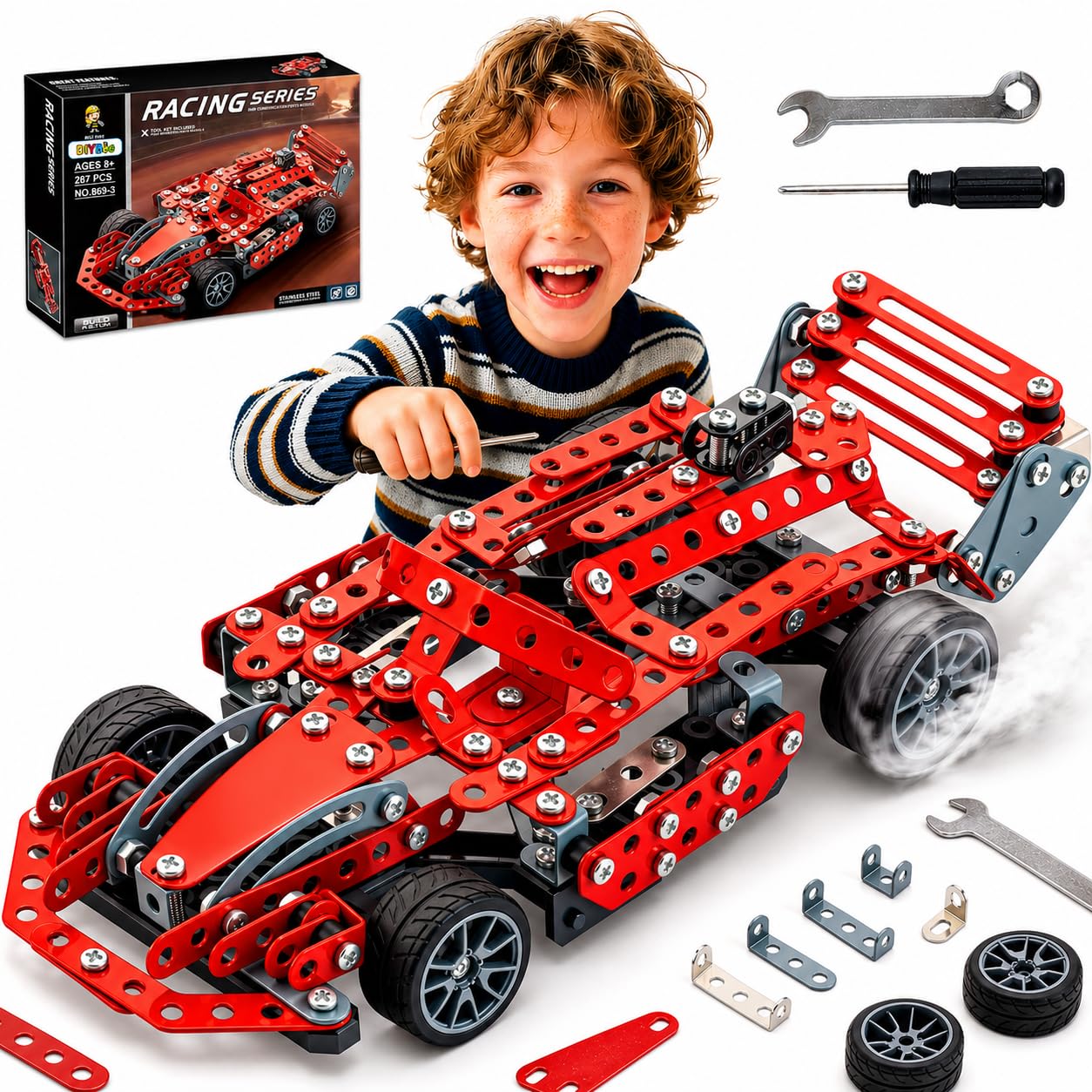 DIYBee Metal Model Car Kit, 287 Pcs Racing Car Building Kit for Boys 8-12, Build Your Own Car Kit with Real Tools, STEM Engineering Erector Set Gift for Kids Teens & Adults