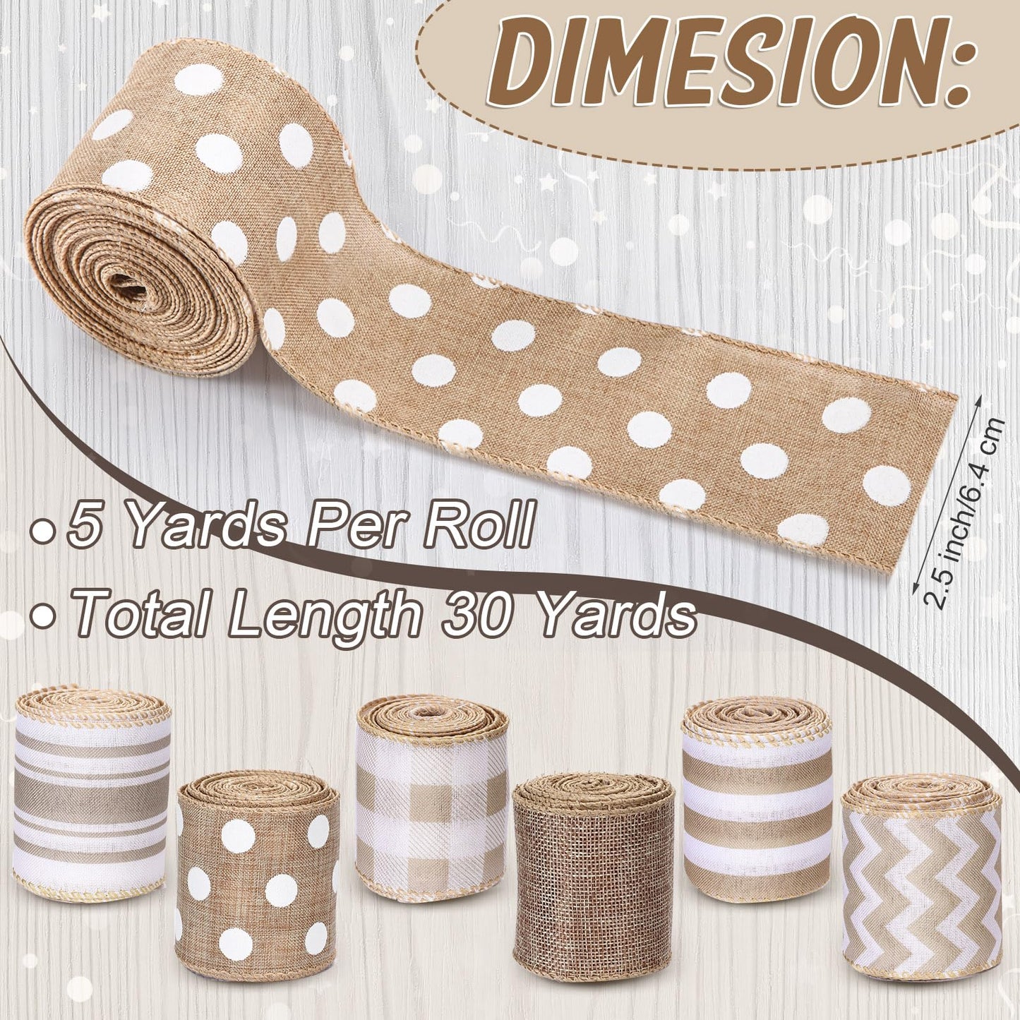 Jexine 6 Rolls Burlap Ribbon 2.5 Inch 30 Yards Burlap Ribbon Wired Farmhouse Rustic Fabric for Crafts Spring Wreath Bow Wedding Decoration DIY Gift Wrapping Home Decor Packaging