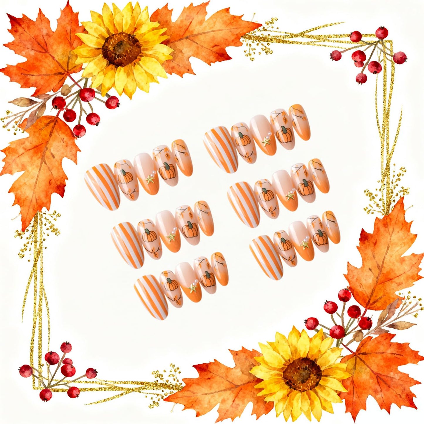 CJDLTS 30Pcs Thanksgiving Press on Nails Medium Almond Maple Leaf Artificial Acrylic Fake Nail Pumpkin with Starfish Pearl Stick on Nail Full Cover Autumn Artificial Fingernails for Women Manicure