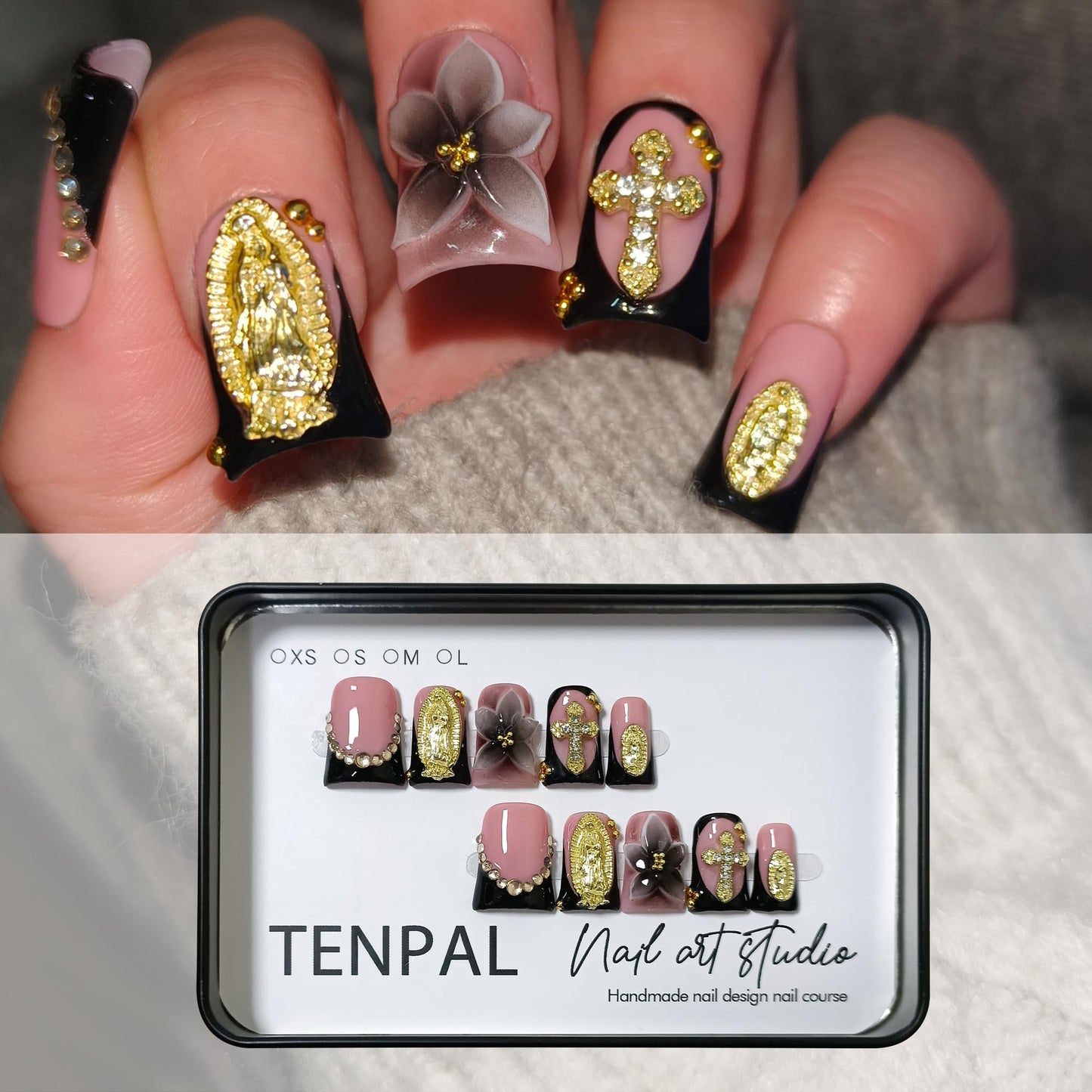TENPAL Duckbill Press on Nails - Black Pink French with 3D Cross & Saint Charm | Ornate Handmade False Nails | Gothic Y2K Style(L)