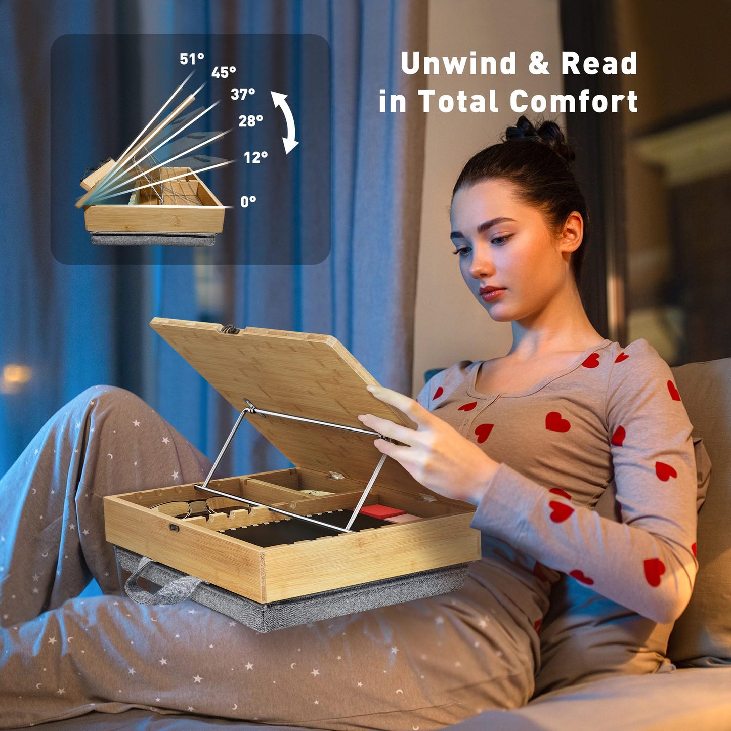 AboveTEK Book Stand for Reading with Storage, Adjustable Bamboo Book Holder with Soft Lap Cushion, Cookbook Stand, Hands-Free Book Reading Stand for Bed, Desktop & Kitchen Counter