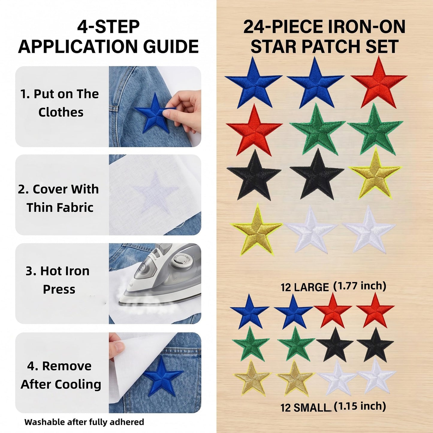 128 Pcs Varsity Letter Patches Kit - 104 Self-Adhesive Chenille Letters & 24 Iron-On Stars, Peel & Stick Fabric Patches for Clothes, Backpacks, Hats (2.17", Red, Black, Blue, White & Gold Stars)