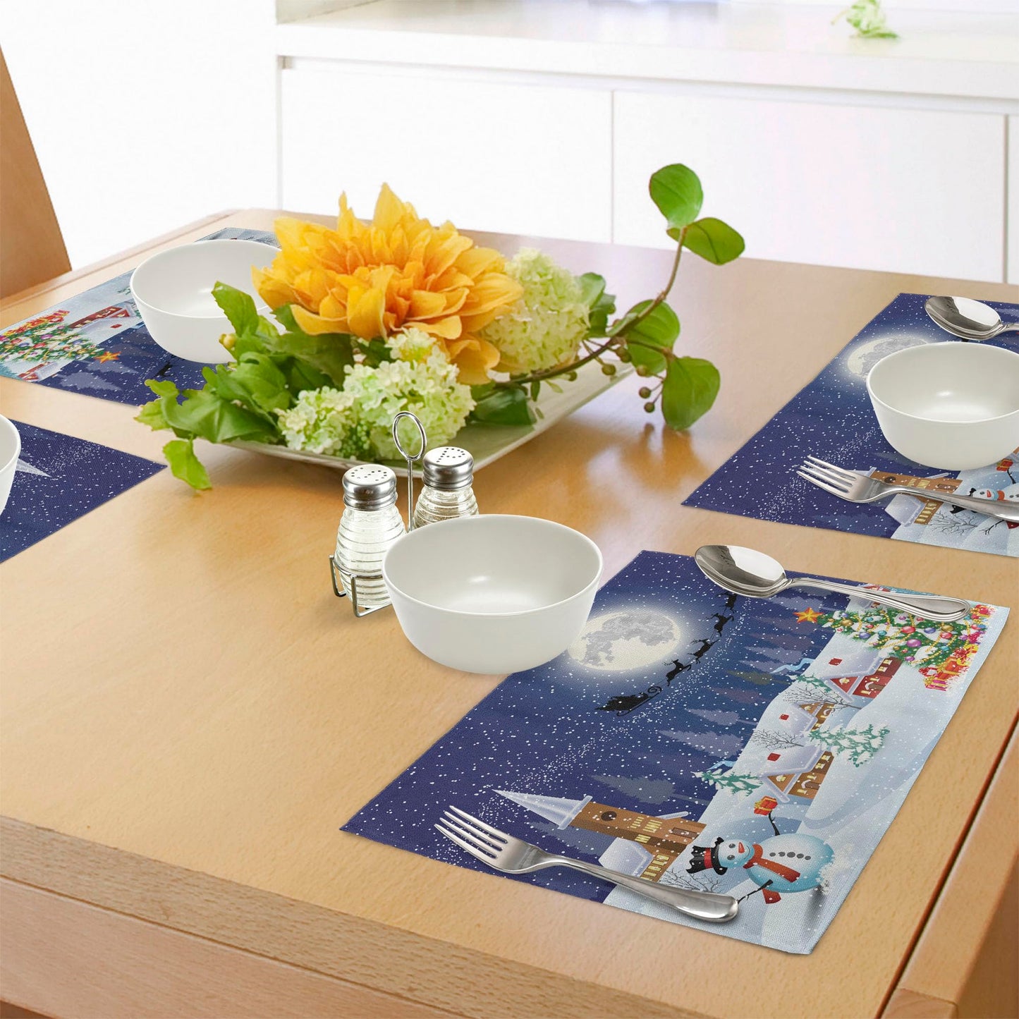 Ambesonne Christmas Place Mats Set of 8, Winter Season Snowman Xmas Tree Santa Sleigh Moon Present Boxes Snow and Stars, Washable Fabric Placemats for Dining Table, Placemat 8 pcs, White Blue
