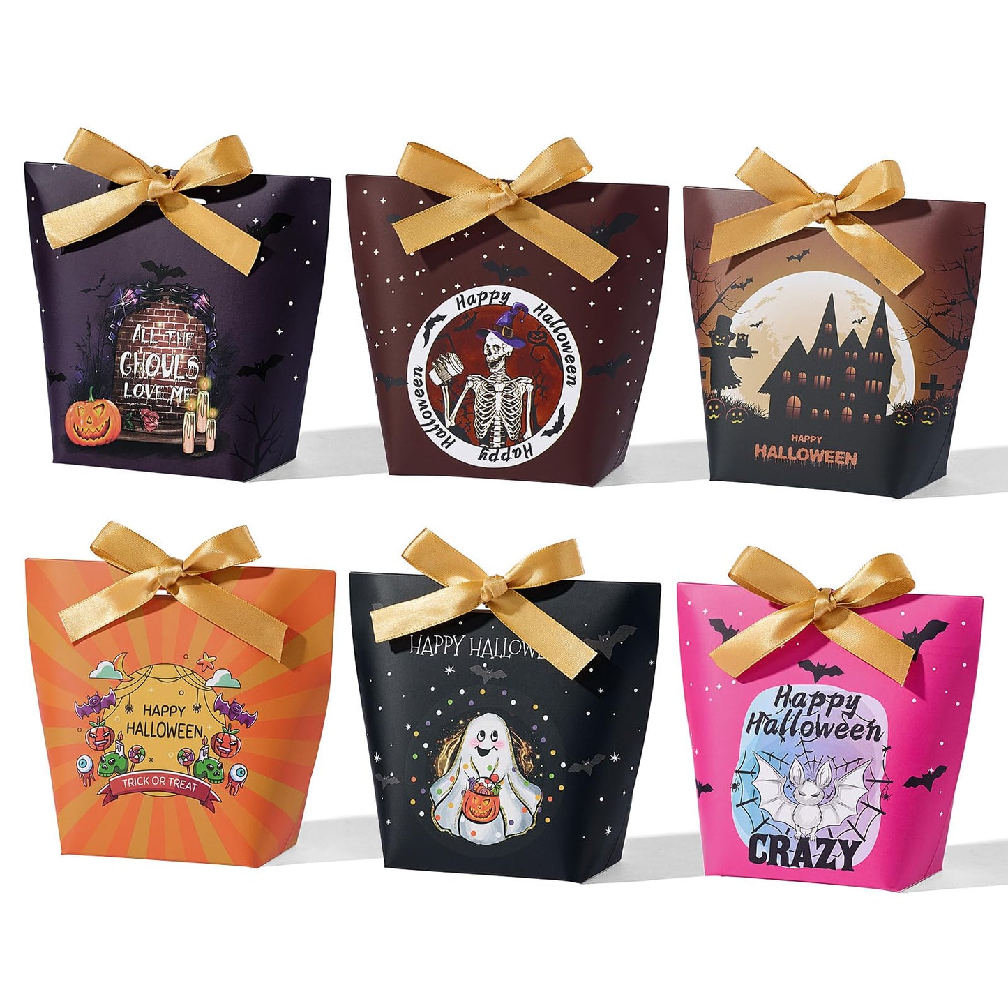 SLShePack 48 Set Halloween Treat Boxes with Ribbons,6 Patterns Gift Bags for Coworkers Decorations Boxes Party Favors Boxes