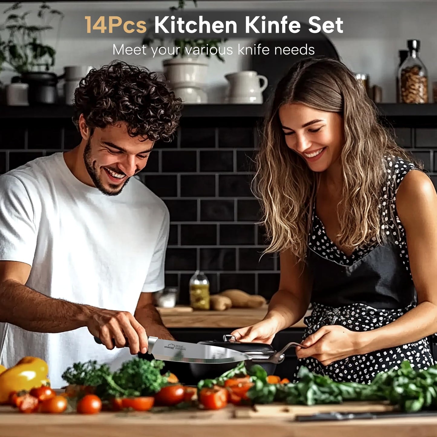 Knife Set, Amorston 14-Piece Kitchen Knives Set with Block & Sharpening Stone, Stainless Steel Dishwasher Safe, Knife Block Set with Ergonomic Handle, Professional Kitchen Knives for Home Cooking