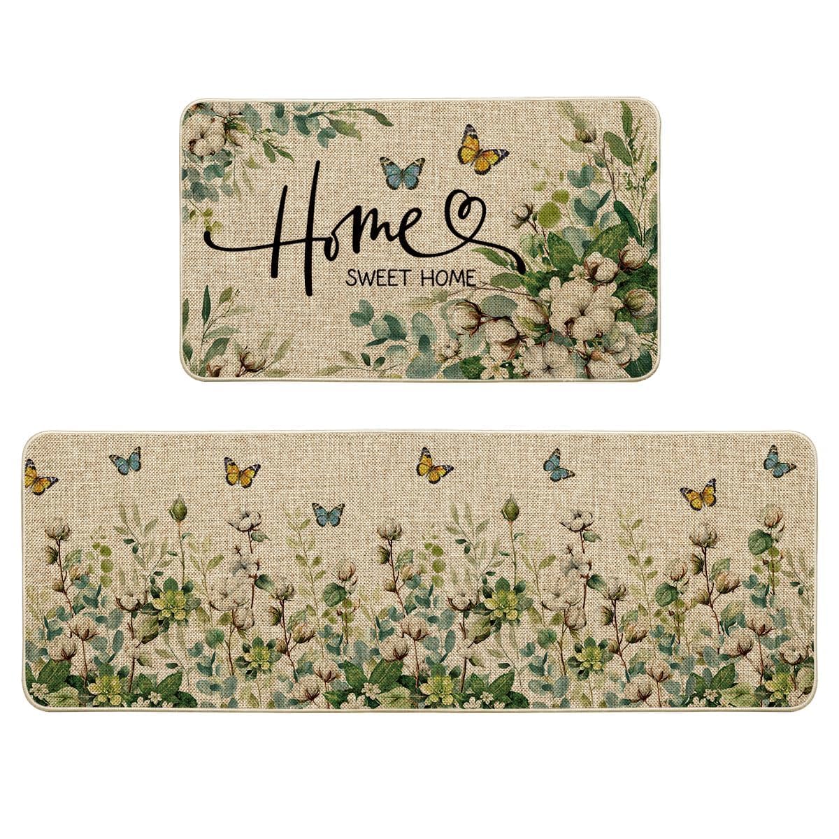 Artoid Mode Cotton Plant Leaf Butterfly Home Spring Kitchen Mats Set of 2, Home Decor Low-Profile Kitchen Rugs for Floor - 17x29 and 17x47 Inch