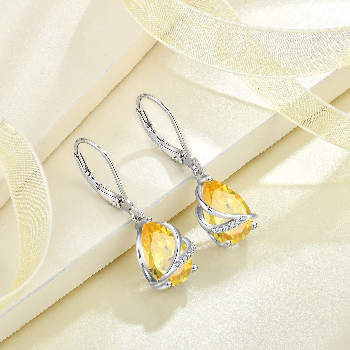 Rocayi Teardrop Citrine Earrings 925 Sterling Silver Dangle Drop Earrings November Birthstone Jewelry for Women
