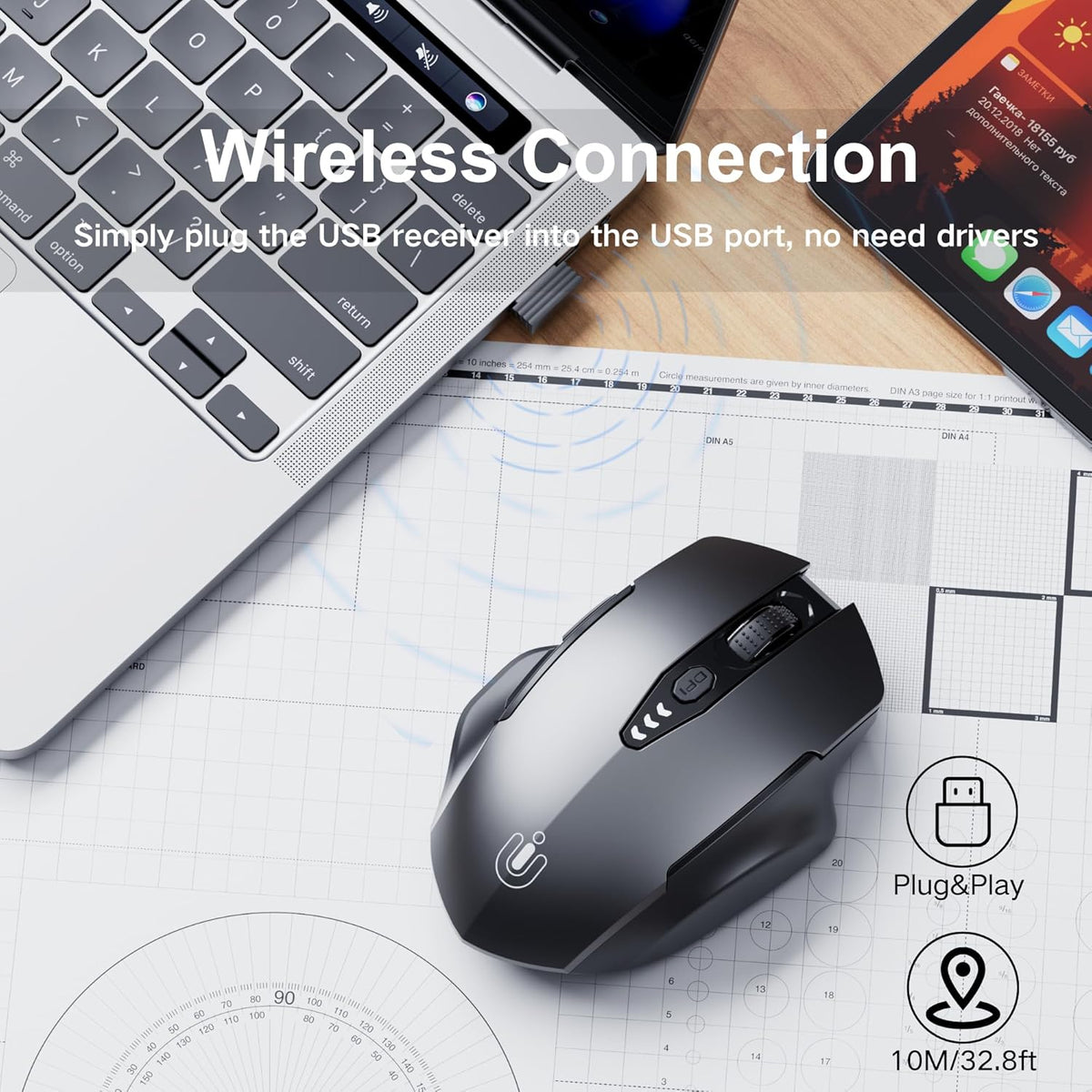 Wireless Mouse,[Upgraded] Rechargeable 2.4GHz (Battery Level Visible) Ergonomic Computer Mouse,4 Levels DPI, Wireless Mice for Laptop PC Computer(Grey)