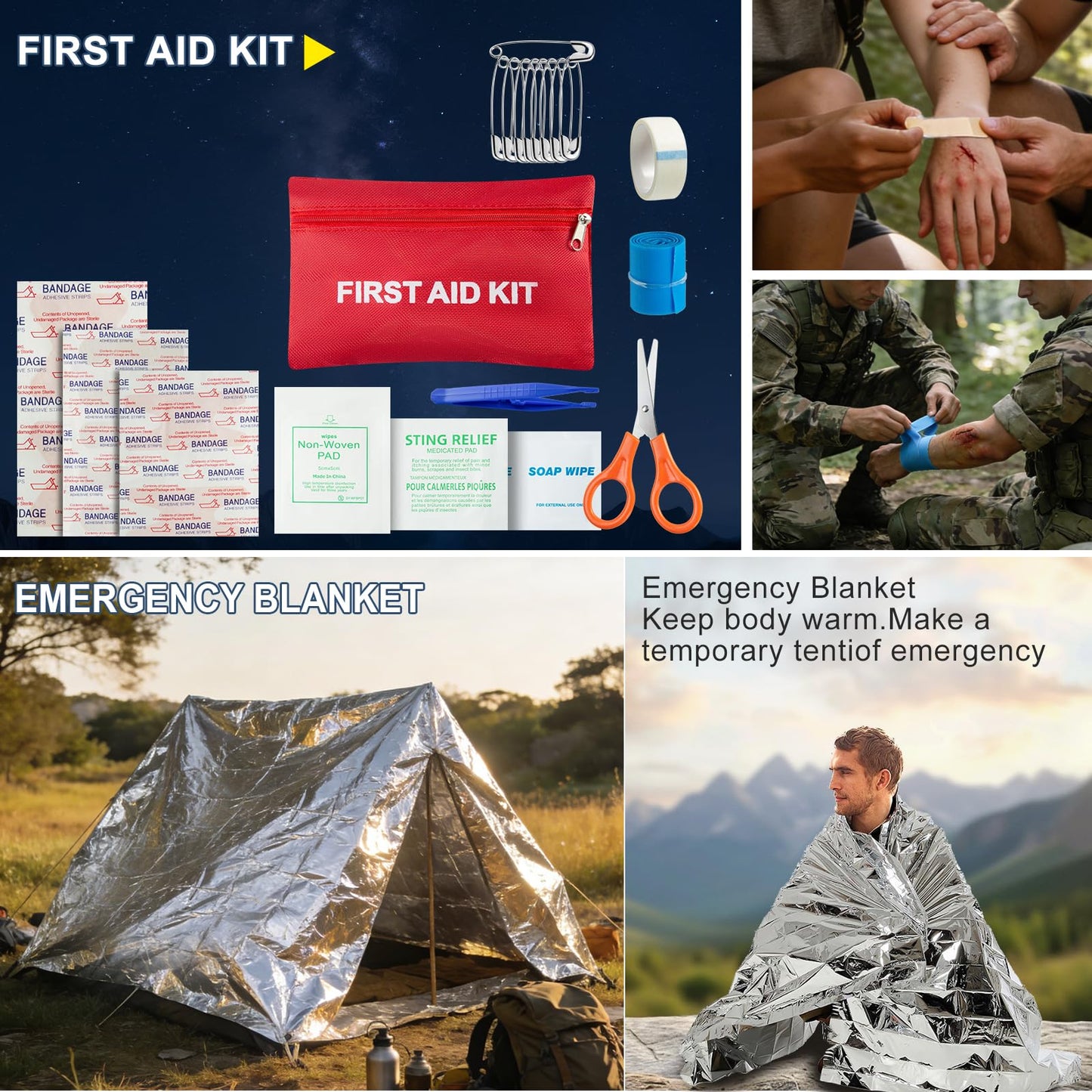 Survival Kit and Emergency Gear - 66 in 1 Outdoor Equipment with First Aid Fire ,Starter, Knife, Compass for Camping, Hiking, Gifts for Men
