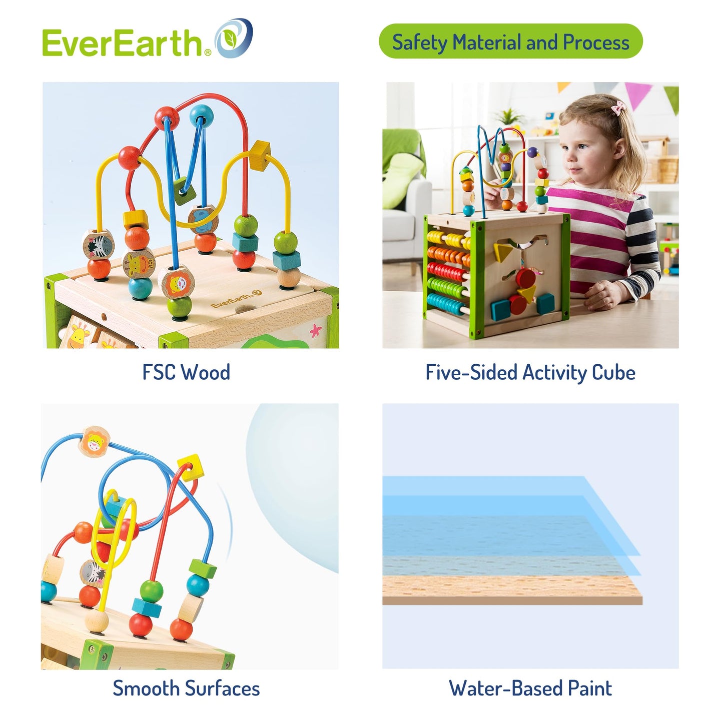 EverEarth Wooden Activity Cube with Bead Maze, 5 in 1 Activity Center, Educational Learning Montessori Toys for Toddlers for Kids 1+, FSC Certified