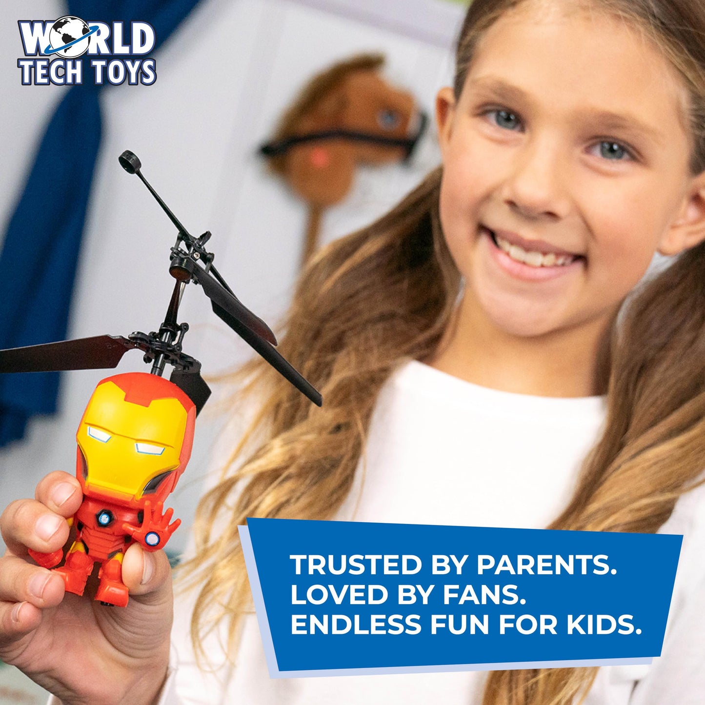 World Tech Toys Marvel Iron Man Big Head Helicopter Toy – Motion Sensored Flying Toy for Kids – Marvel Licensed – Kids Ages 6+