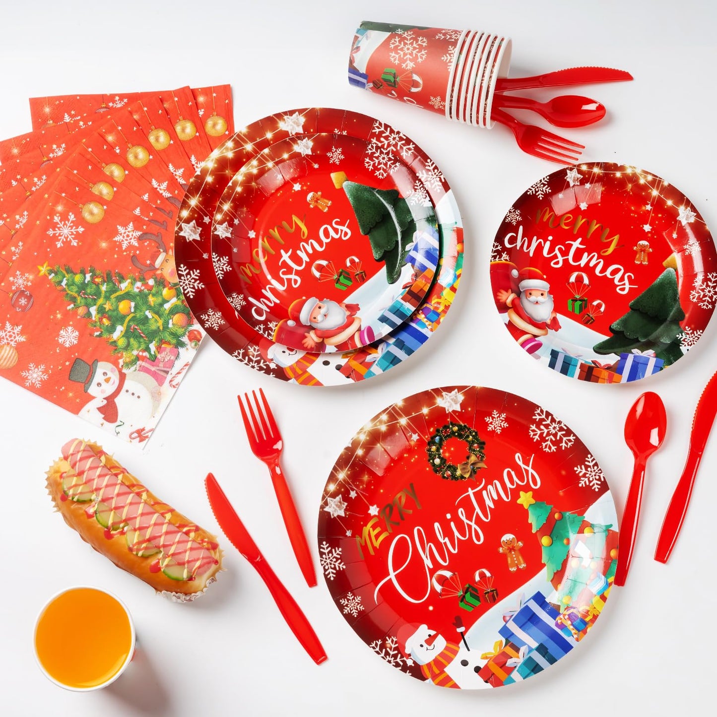 Christmas Party Decorations Xmas Party Supplies Serves for 25-Balloon, Banner, tablecloth, Backdrop, Disposable Paper Plate, Cup, Napkins, Knife, Fork, Spoon