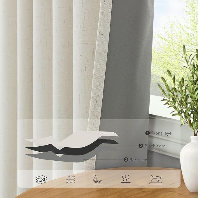 Pitalk Natural Linen Blackout Curtains for Bedroom Farmhouse Room Darkening Window Drapes Thermal Insulation Noise Reduction Door Panels for Dining Room Nursery Cream Ivory Off White 38 x 84 Inch Long