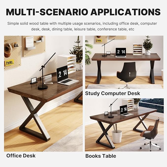 Solid Wood Rustic Style 55.1-inch Computer Desk - Large Office Desk for Home Office, Modern and Simple Design, Ideal for Dining,Study, Writing