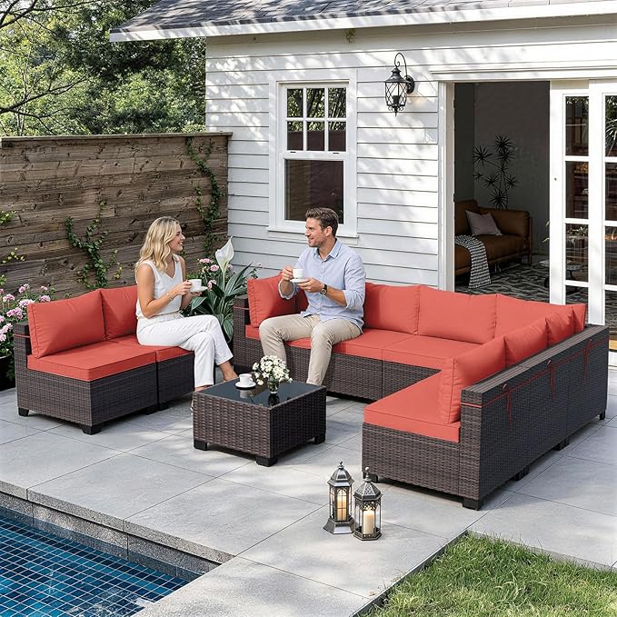 ALAULM Patio Furniture Set with Coffee Table, 9 Pieces Outdoor Sectional with Wide Seat and Thick Cushion, All Weather Wicker Rattan Conversation Set for Backyard, Garden, Deck, Red