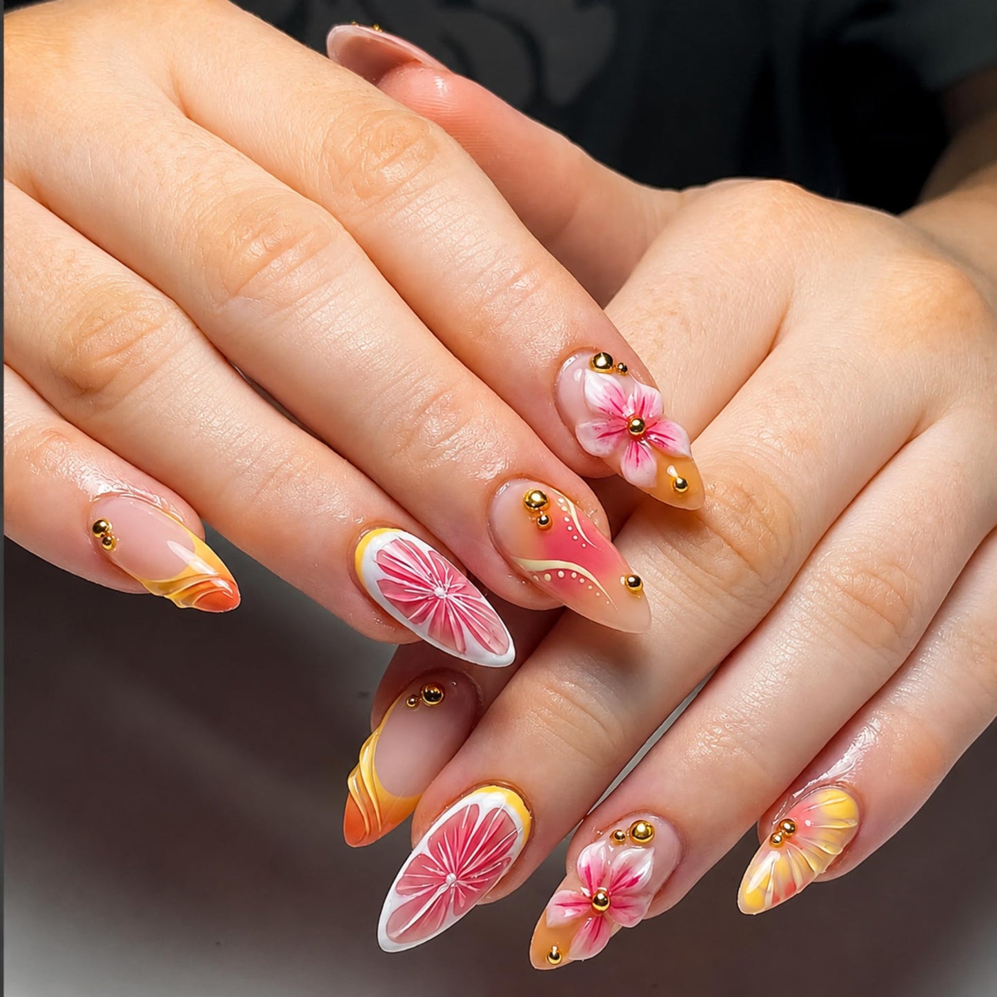 Medium Press on Nails Almond Fake Nails Orange and Red Artificial Nail Pink 3D Flower Gold Bead French Tip Design Glossy Summer Vacation Stick on Nail for Women 24pcs