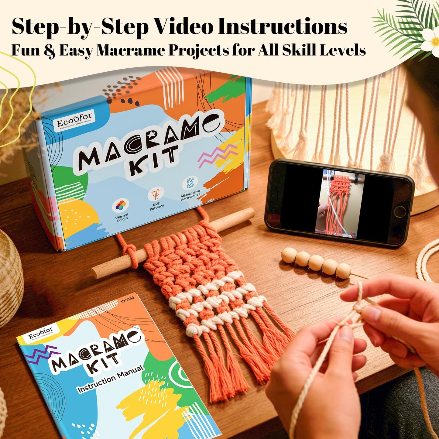 Ecoofor Macrame Kits for Beginners with 366 Feet 3 mm Macrame Cotton Cord, DIY Plant Hanger Kit with Supplies and Instructions, Macrame Beads, Wooden Rings, Dream Catcher Rings