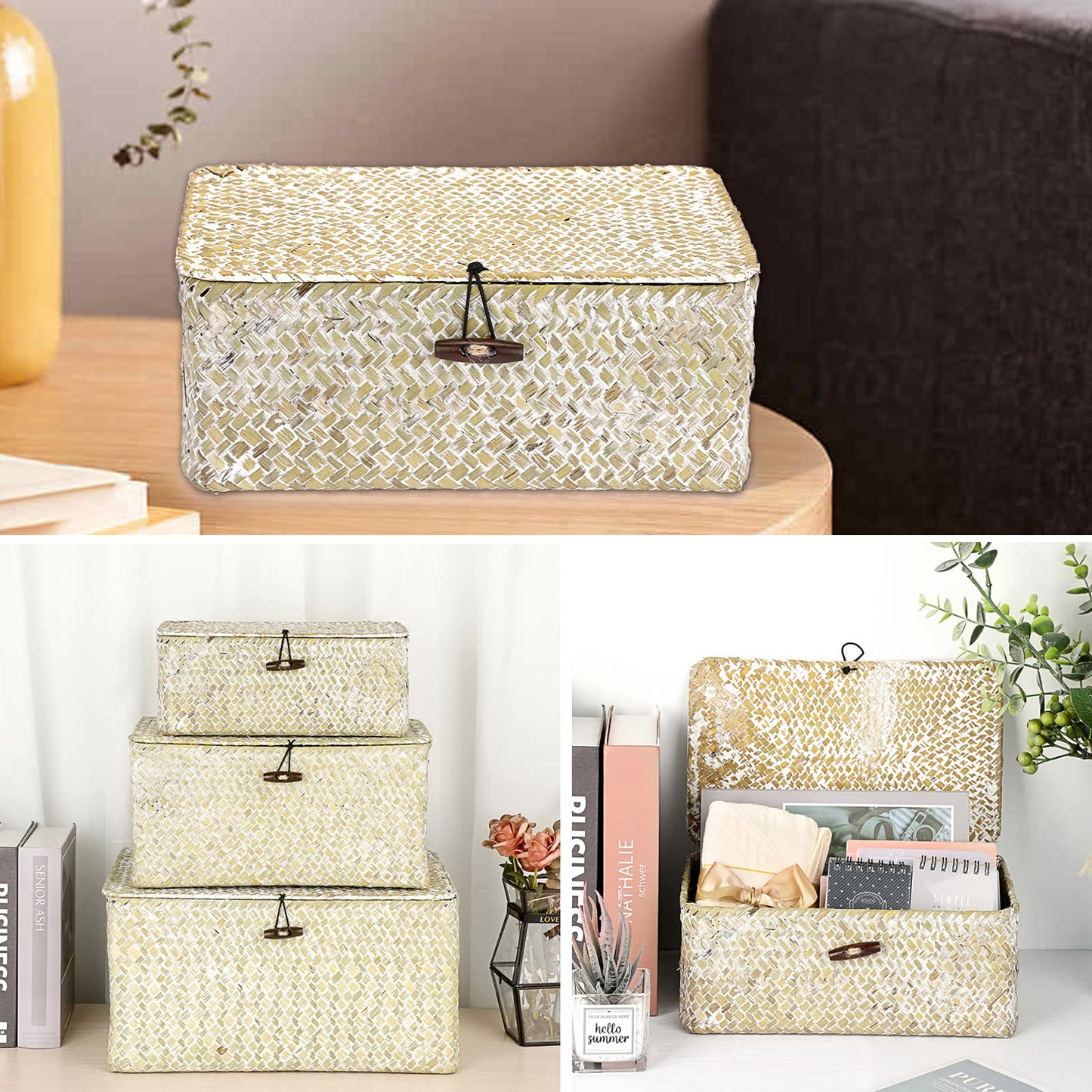 Hipiwe Wicker Shelf Baskets Bin with Lid Natural Seagrass Basket Storage Boxes Small Woven Basket Multipurpose Home Organizer Bins Box for Shelf Closet Bedroom Living Room Home Decor, Whitewash
